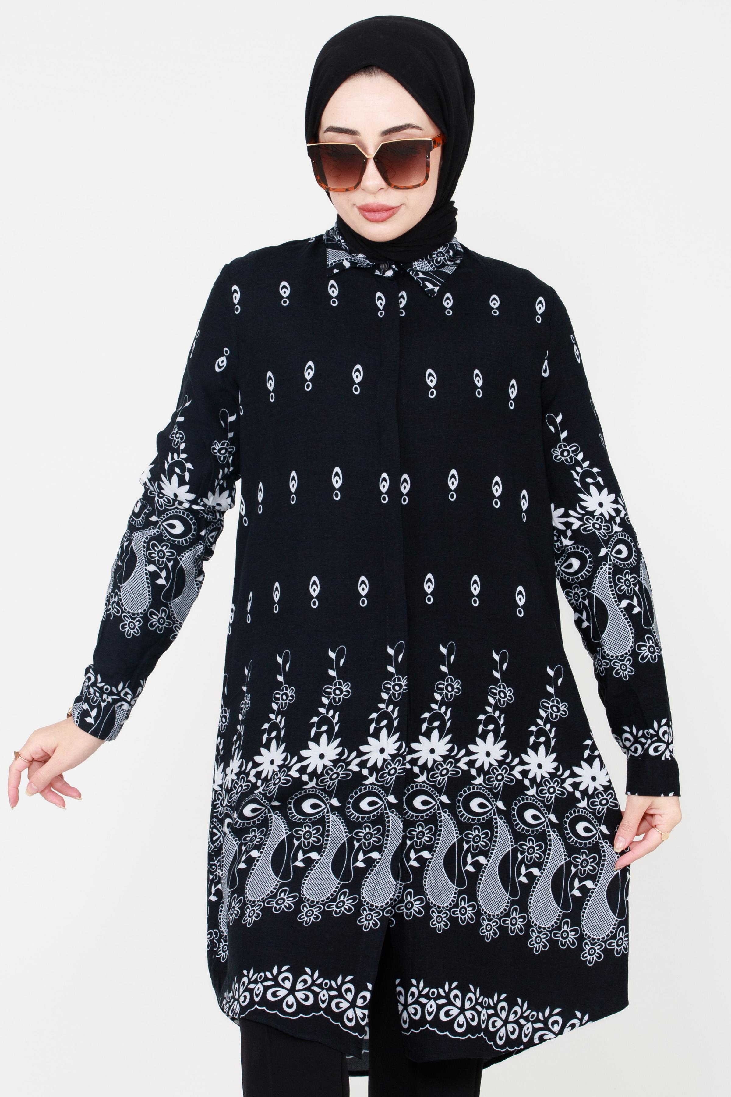 Floral Patterned Viscose Tunic - Black