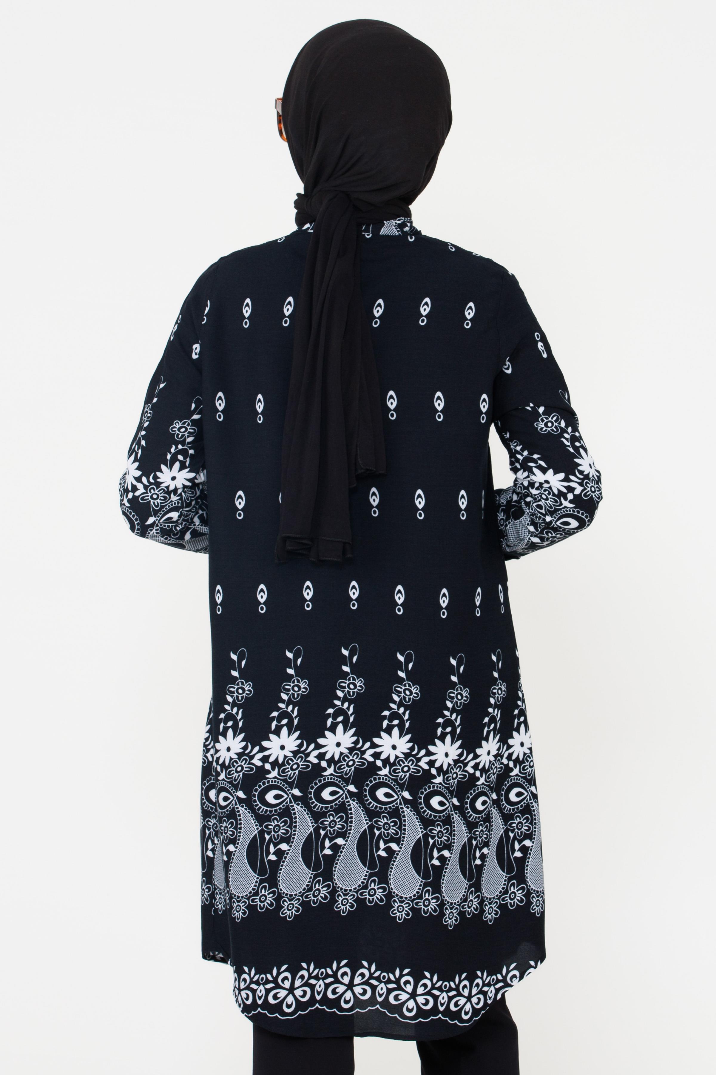 Floral Patterned Viscose Tunic - Black