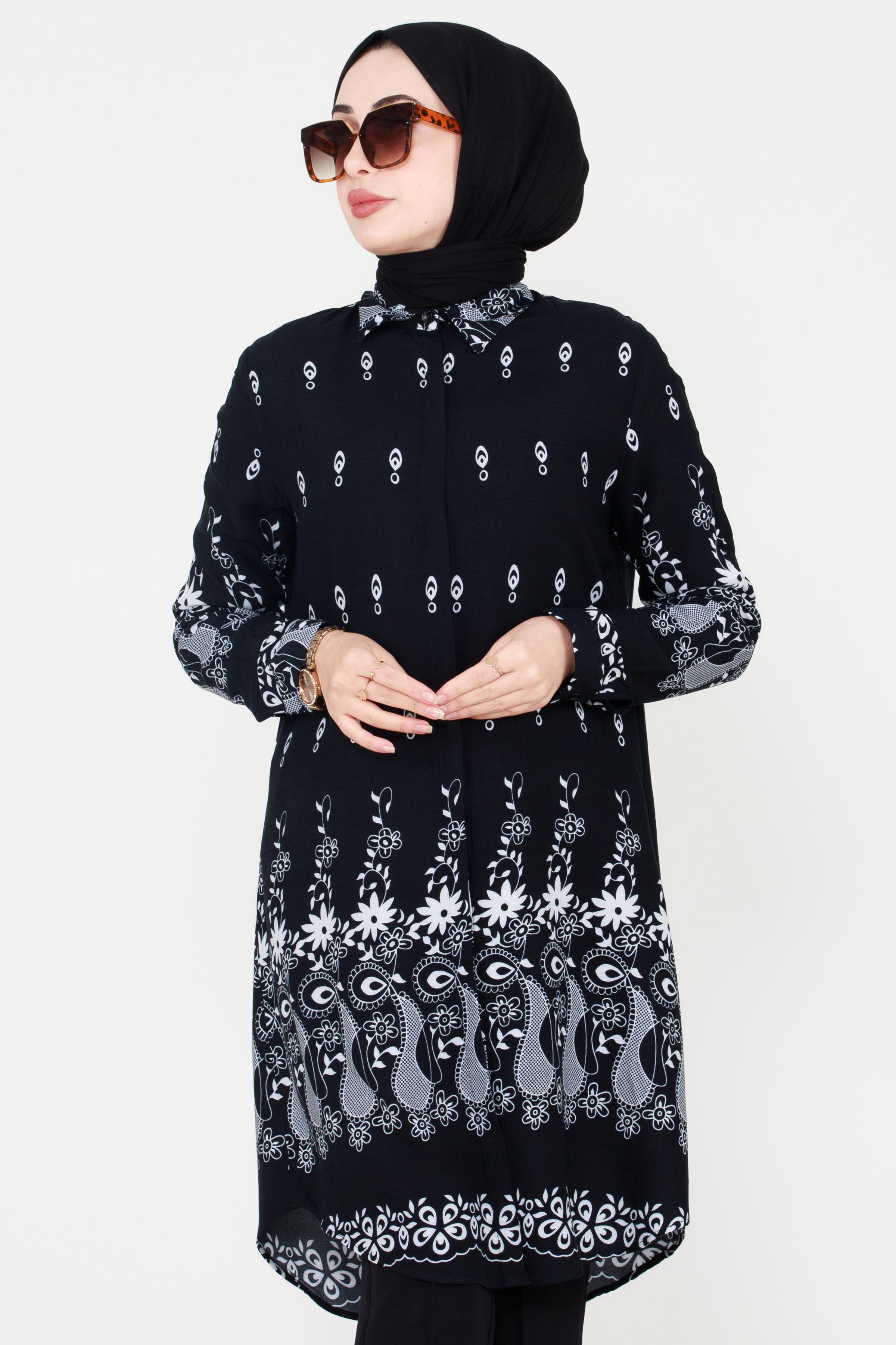 Floral Patterned Viscose Tunic - Black