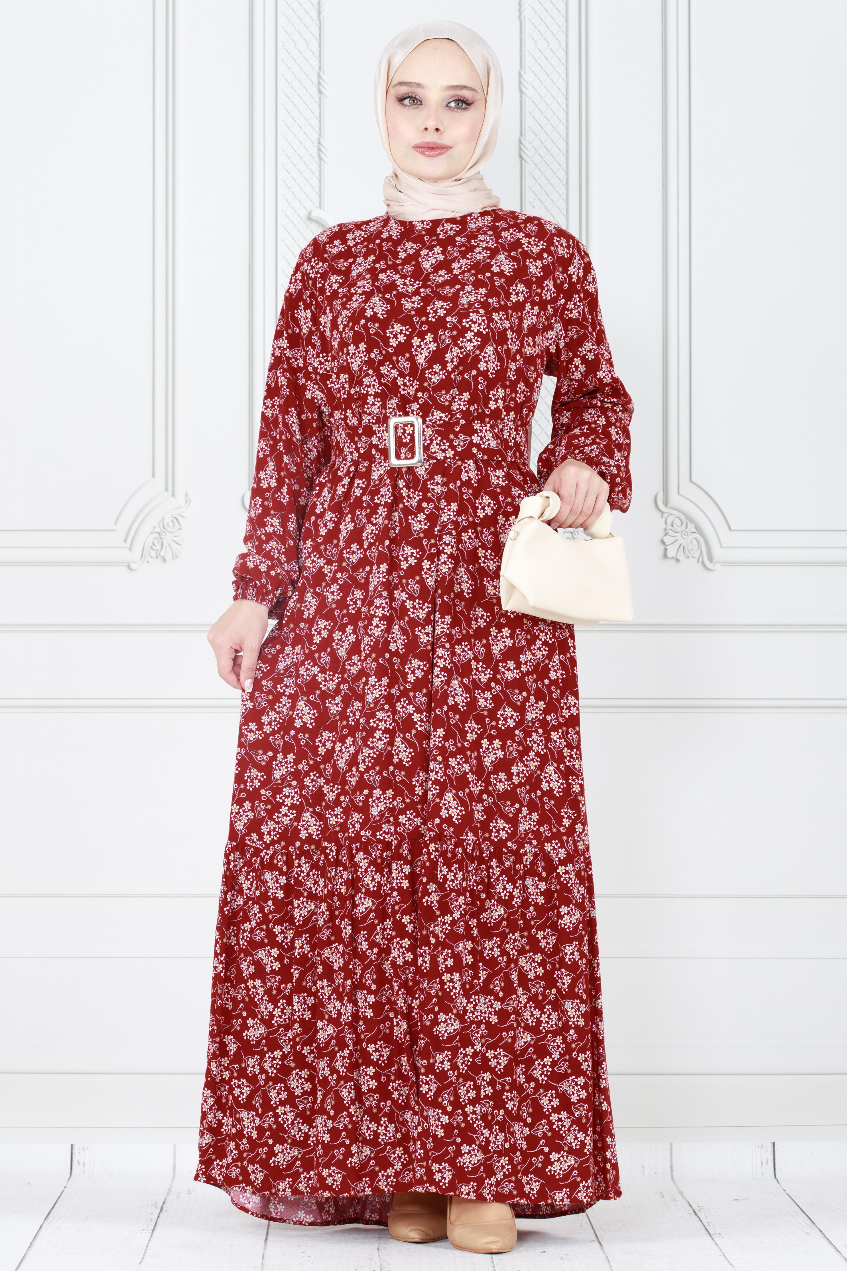 Floral Covered  Viscose Dress-Claret Red
