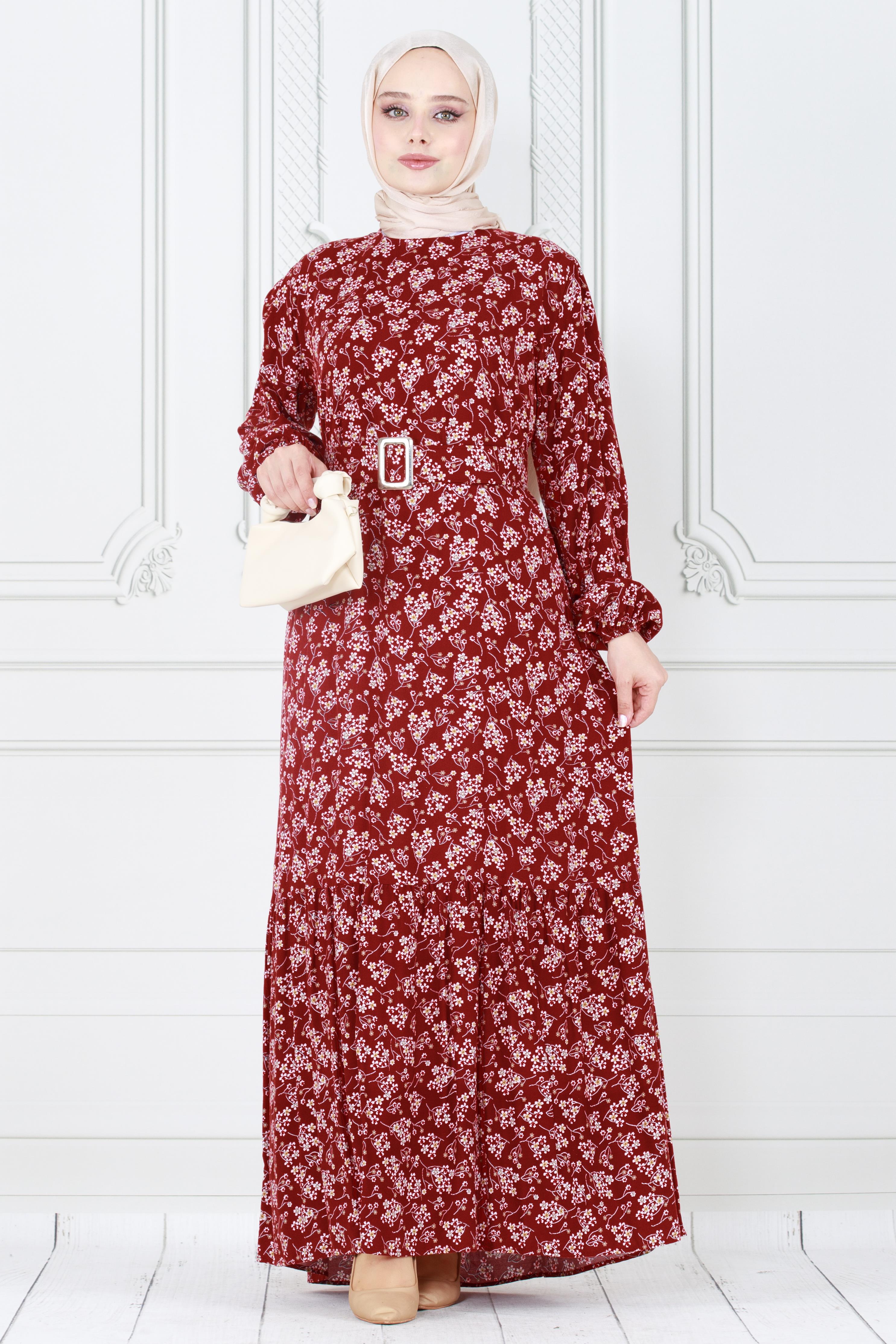 Floral Covered  Viscose Dress-Claret Red