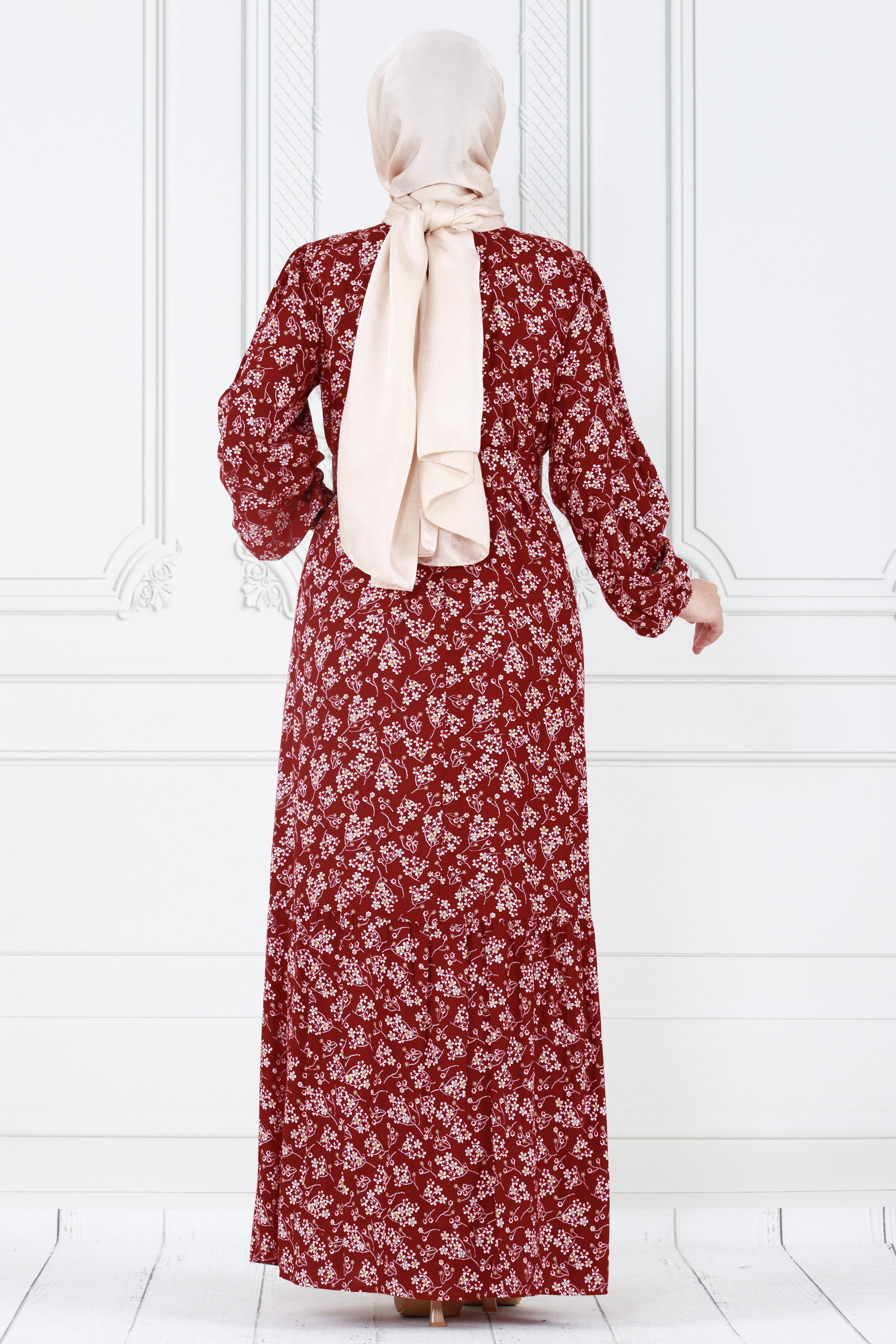 Floral Covered  Viscose Dress-Claret Red
