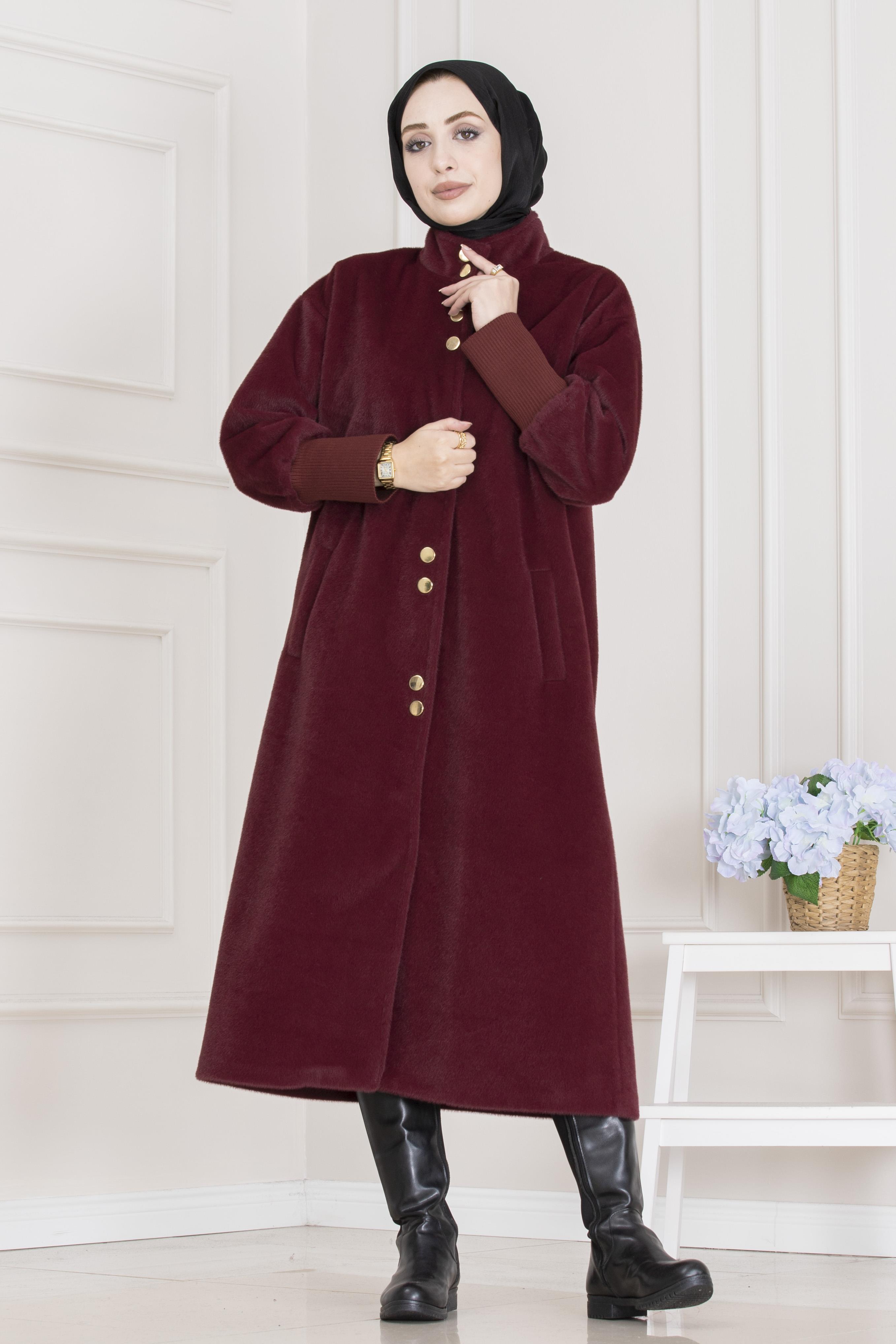 Çift Düğme Detaylı Kaban-Bordo