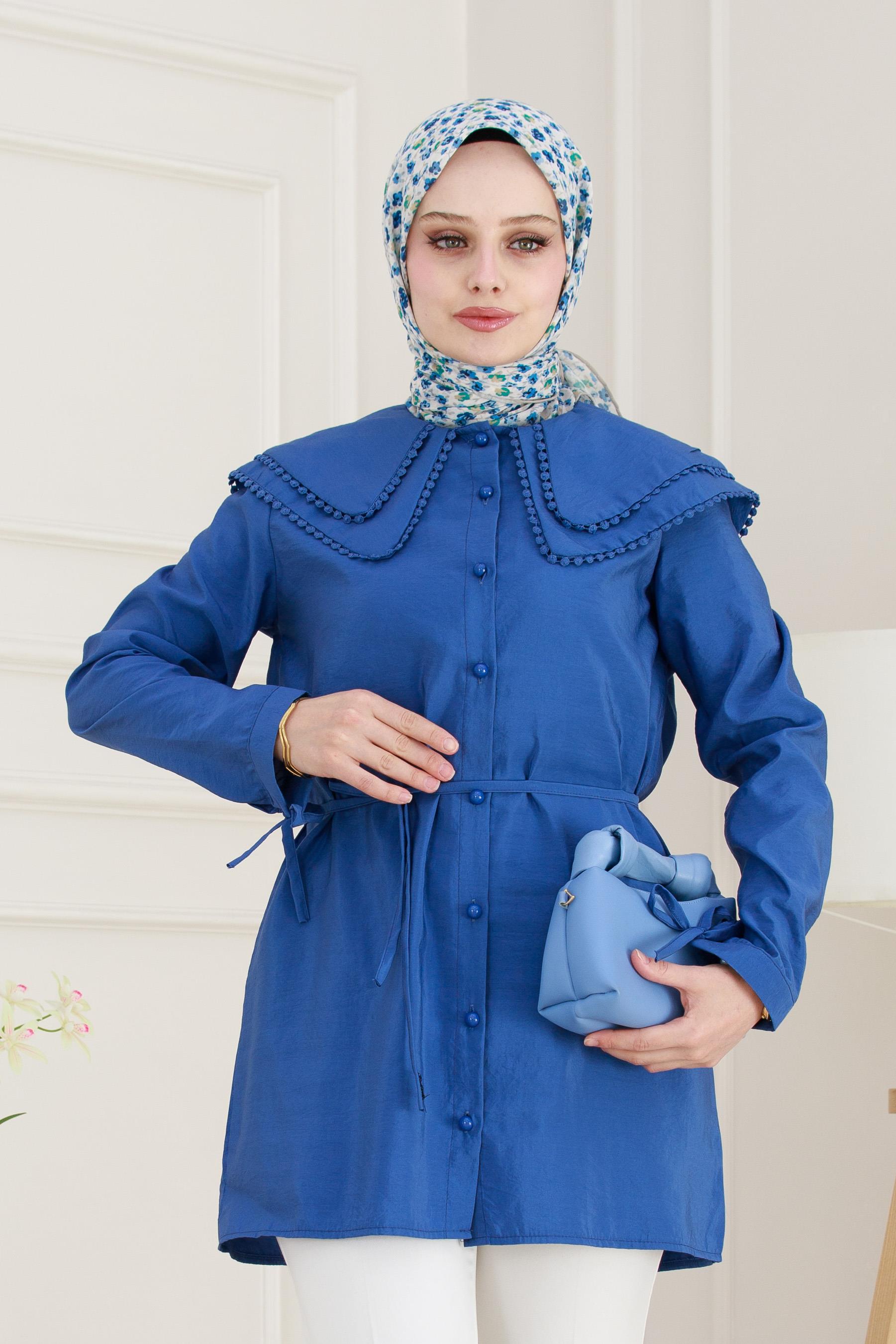 Çift Yaka Dantelli Tunik-Bebe mavi