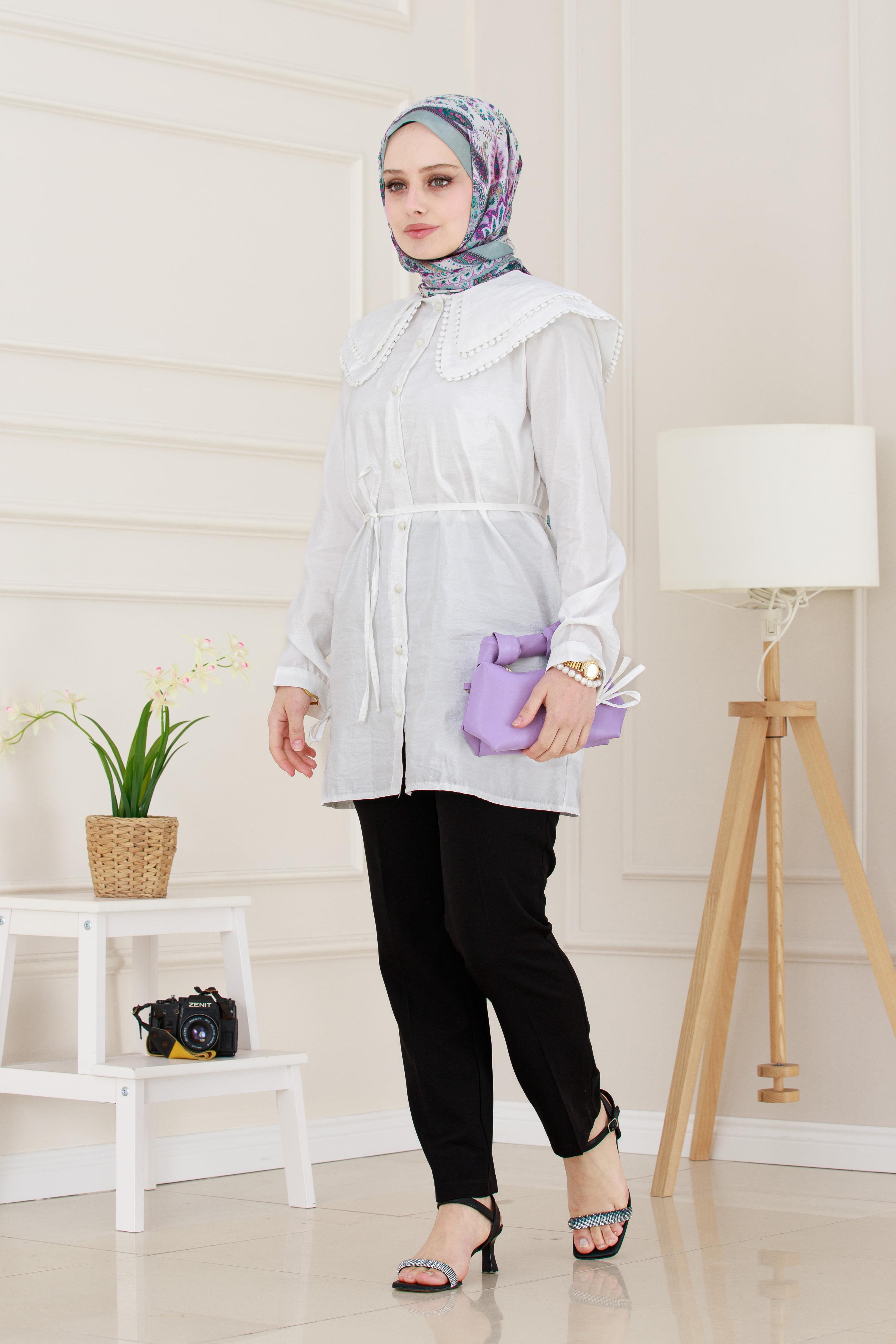 Çift Yaka Dantelli Tunik-Beyaz