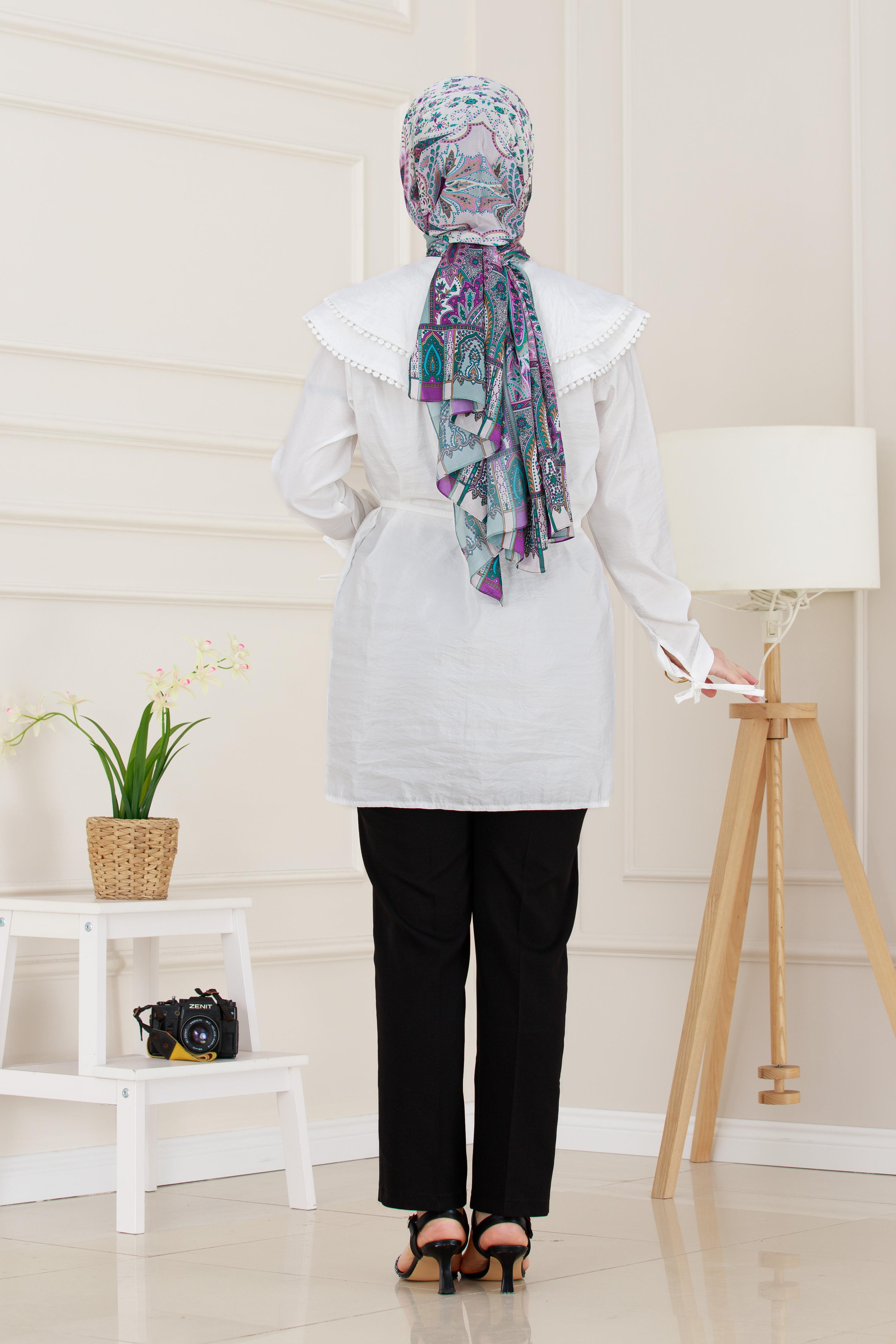 Çift Yaka Dantelli Tunik-Beyaz