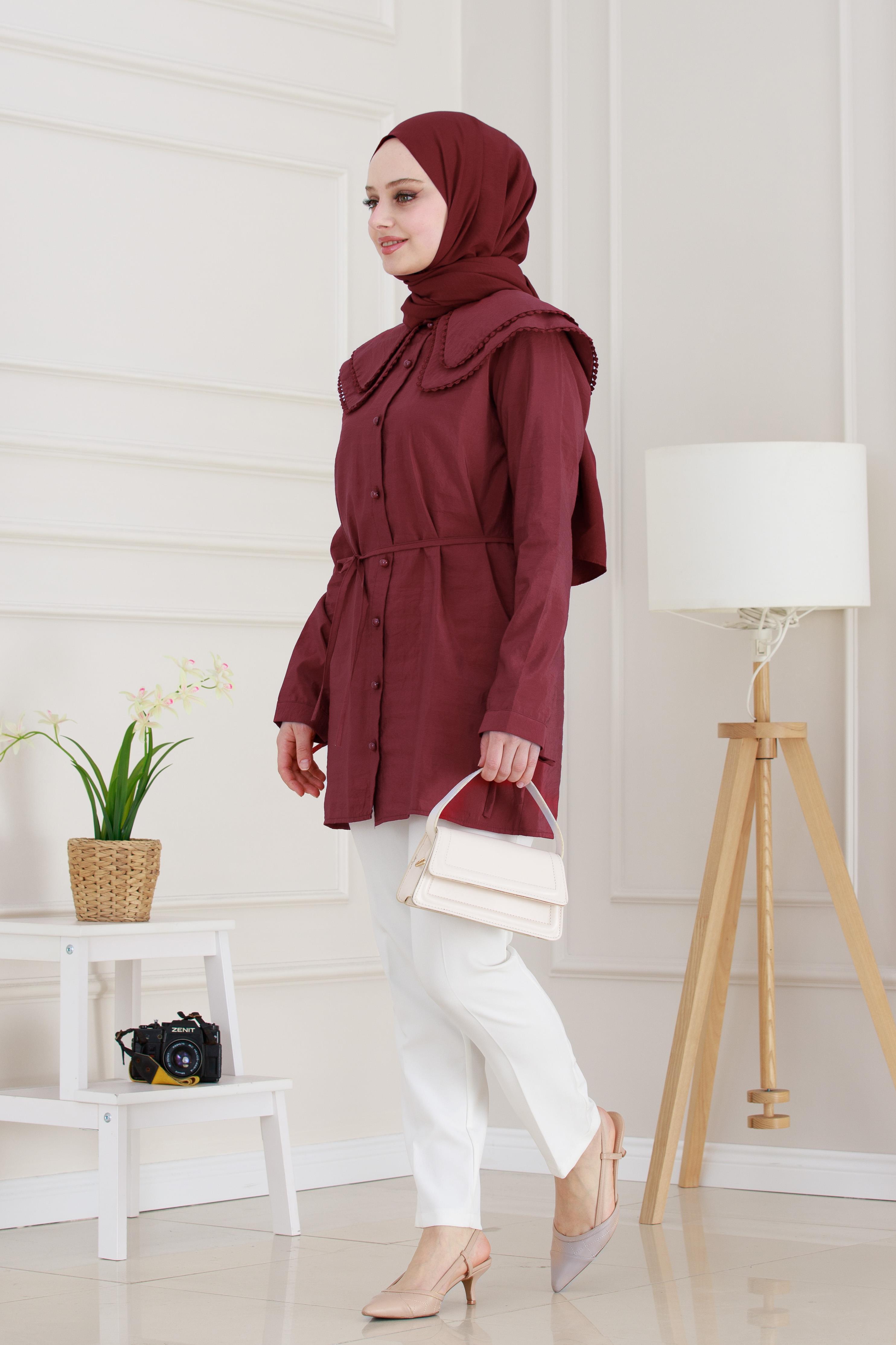 Çift Yaka Dantelli Tunik-Bordo