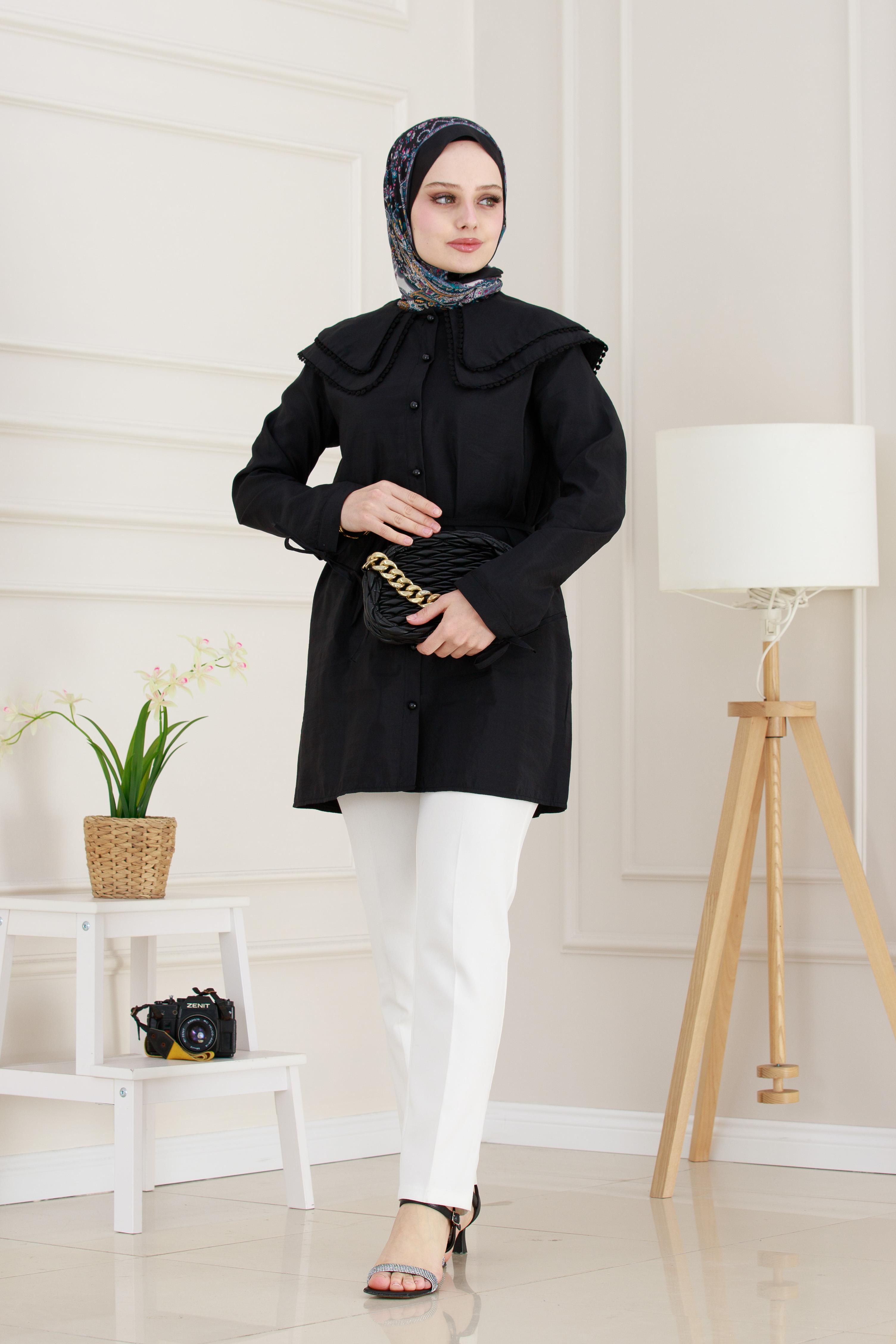 Çift Yaka Dantelli Tunik-Siyah