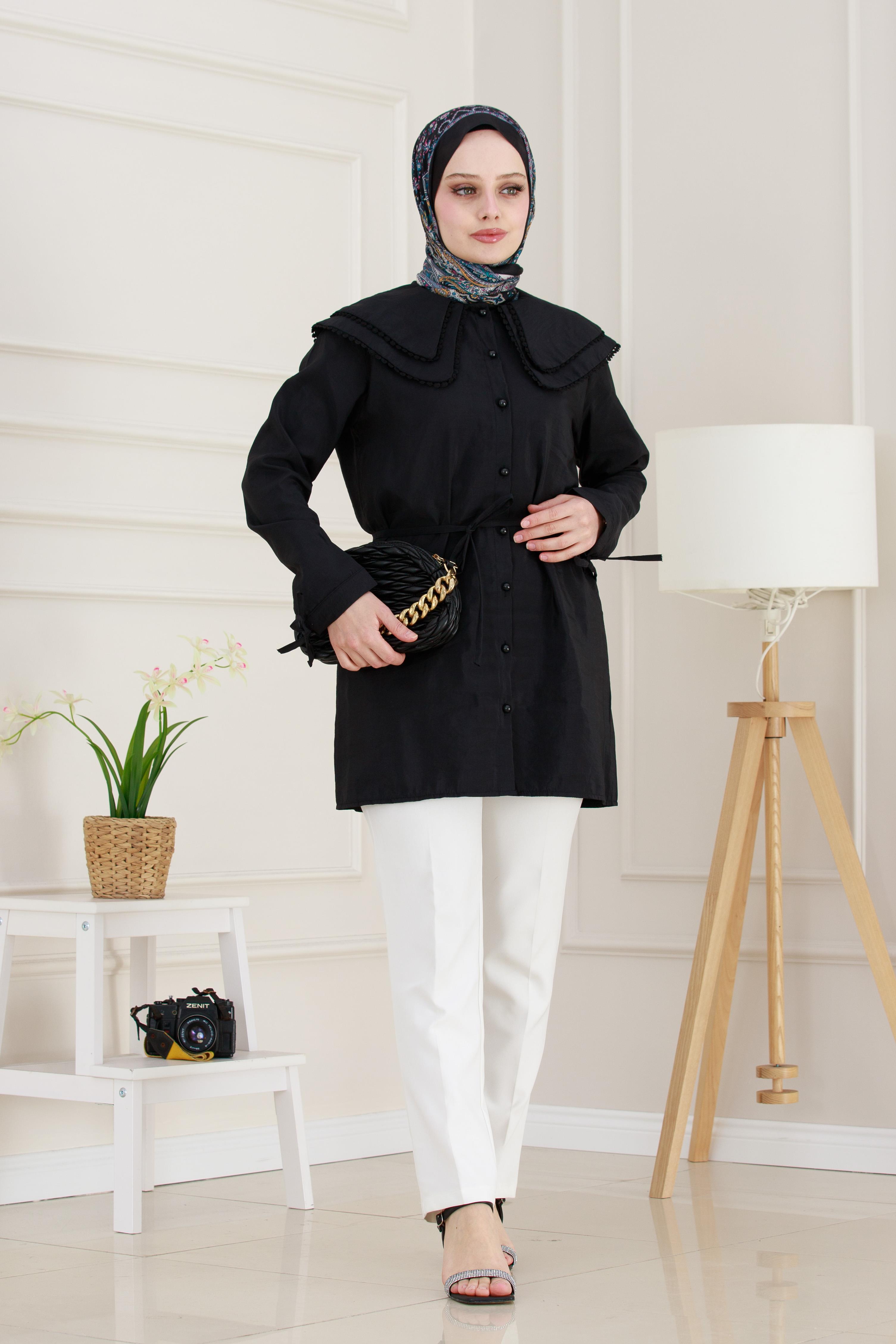 Çift Yaka Dantelli Tunik-Siyah