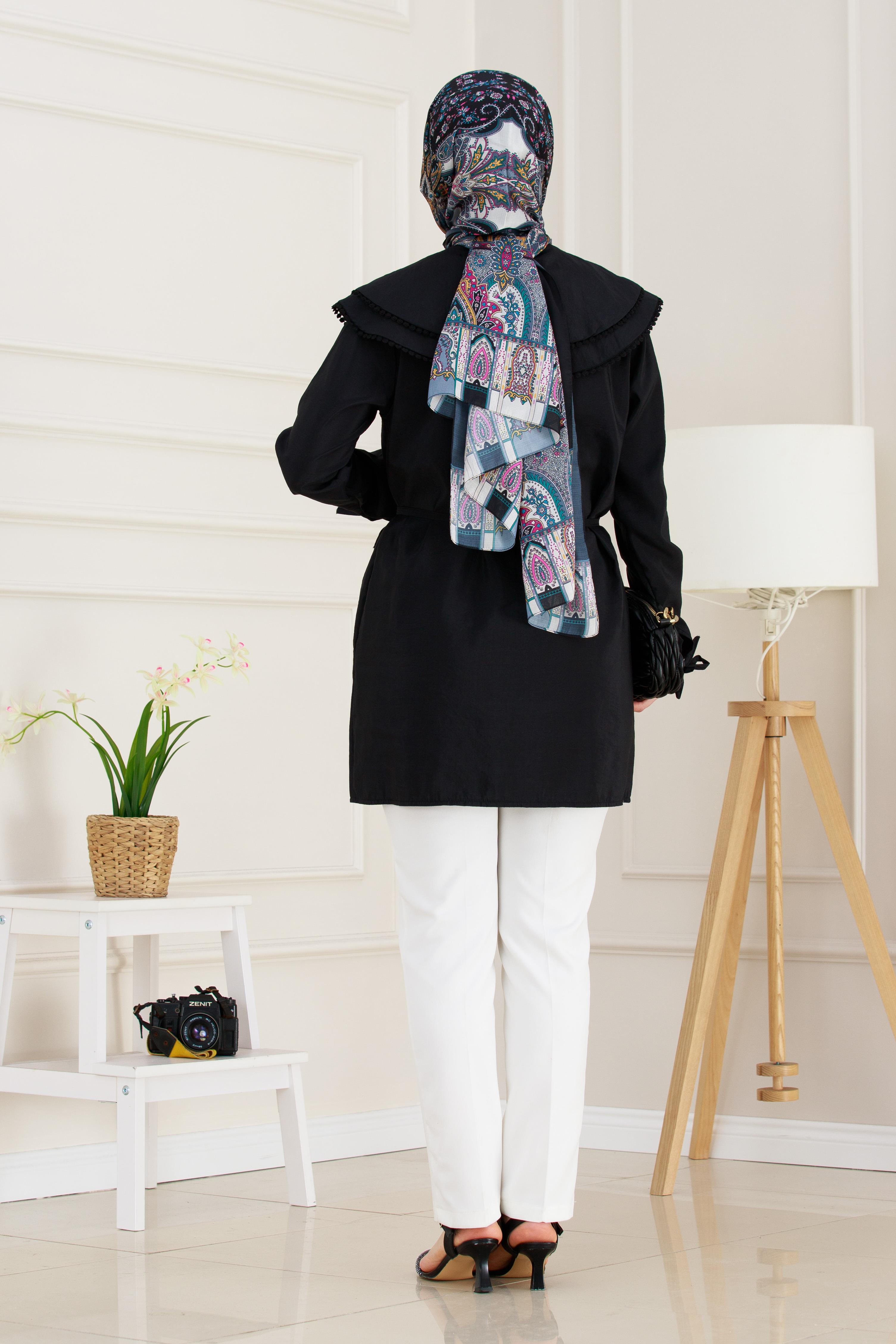 Çift Yaka Dantelli Tunik-Siyah