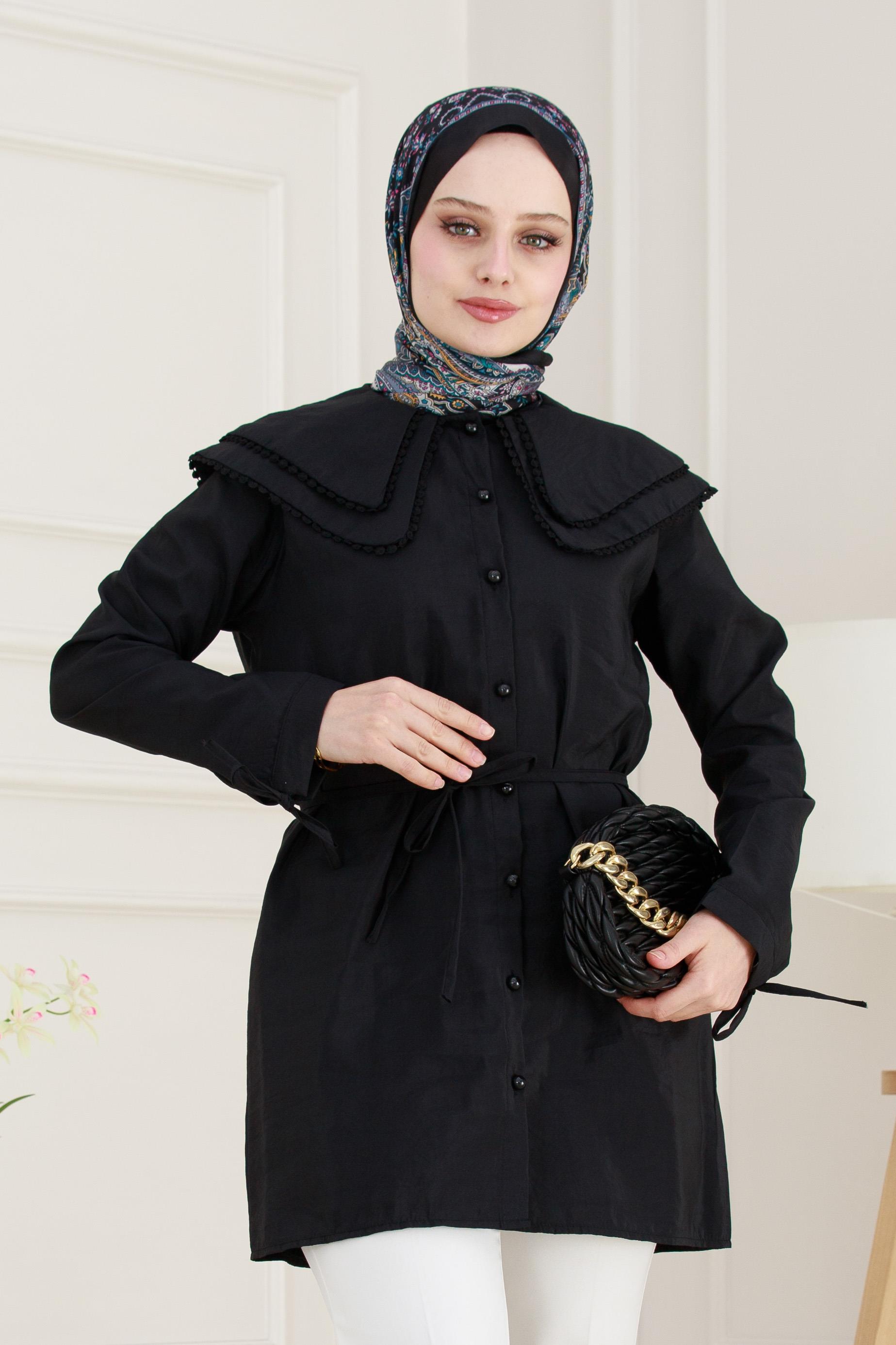 Çift Yaka Dantelli Tunik-Siyah