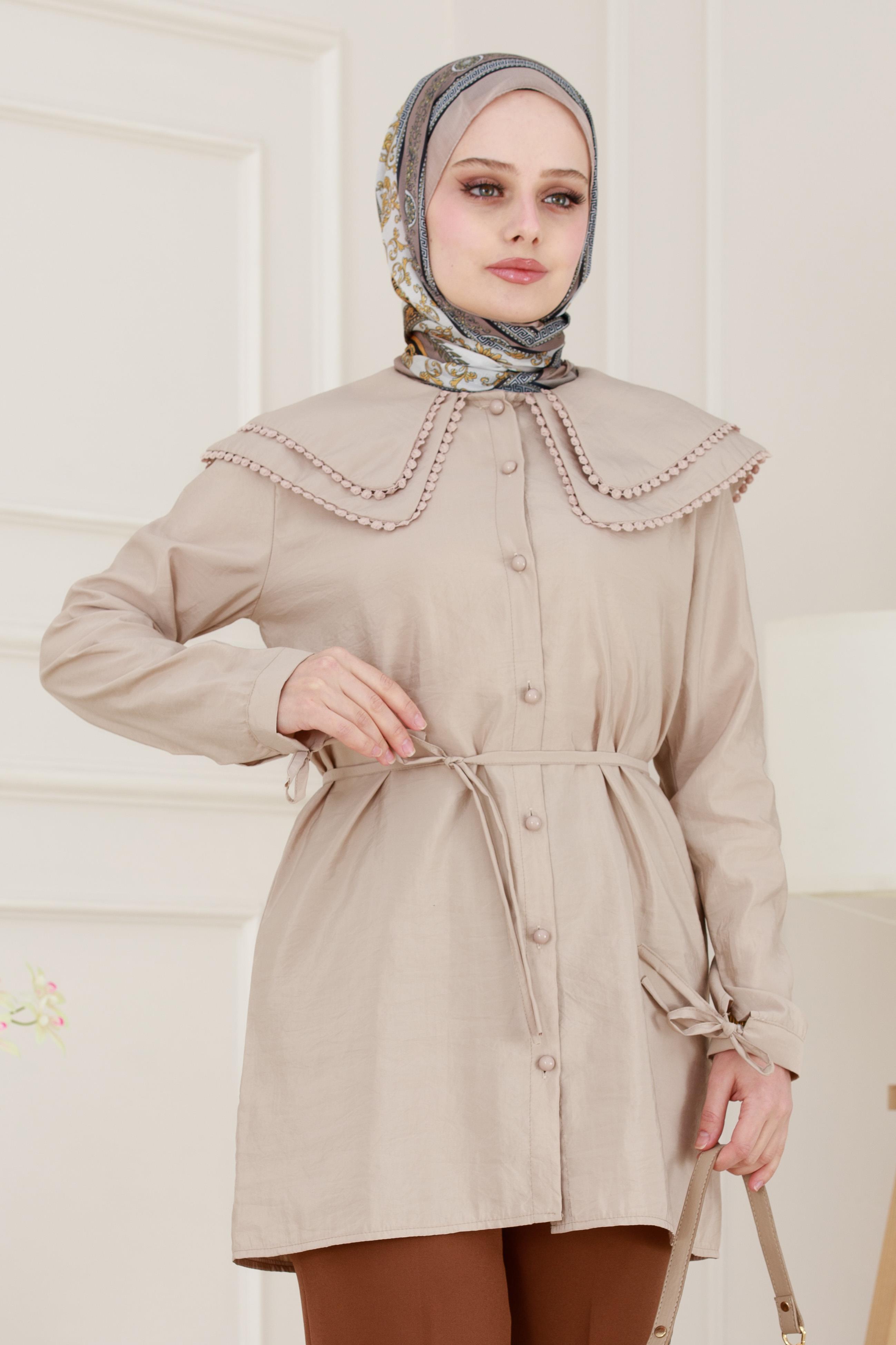 Çift Yaka Dantelli Tunik-VİZON