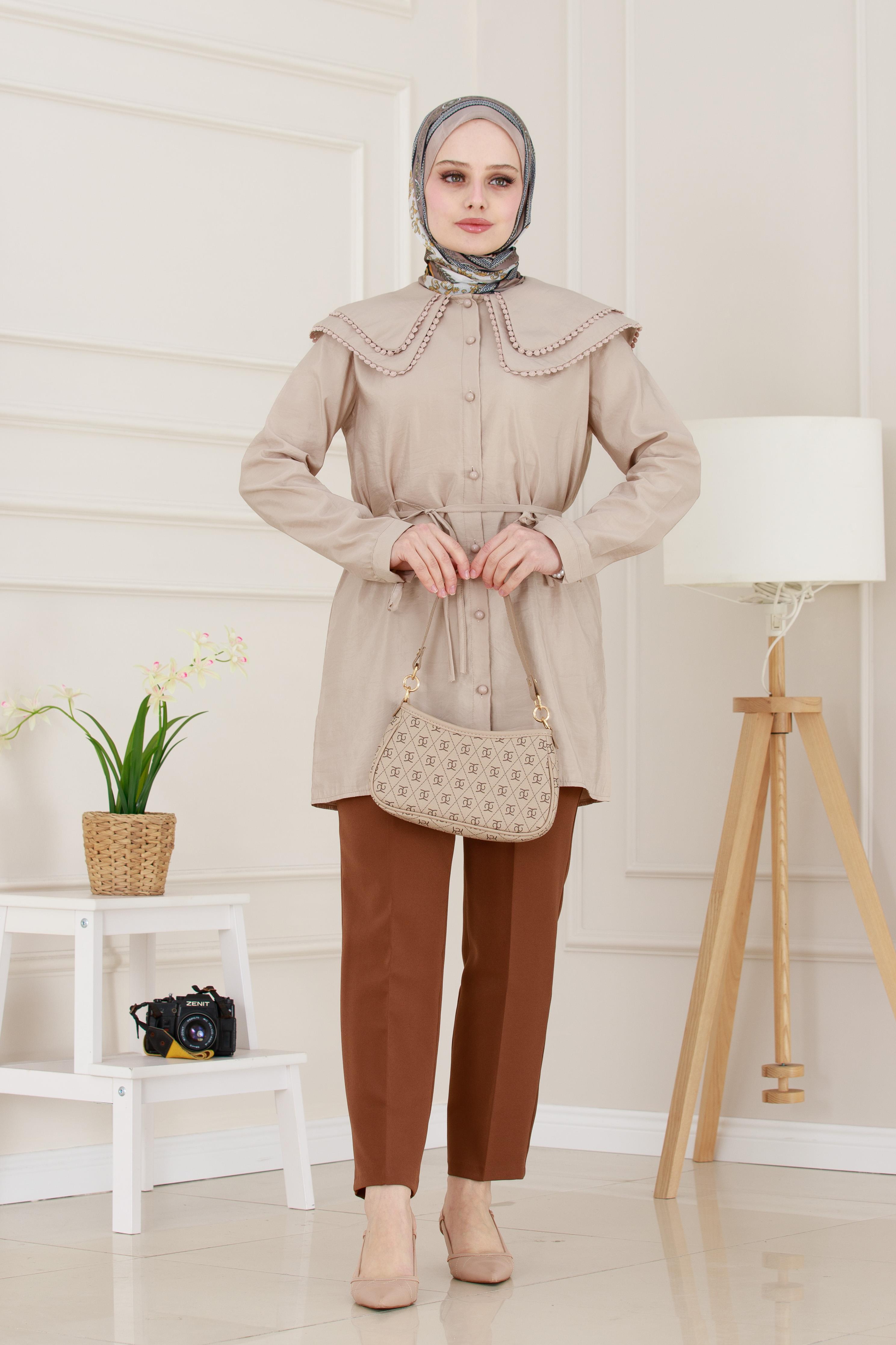 Çift Yaka Dantelli Tunik-VİZON