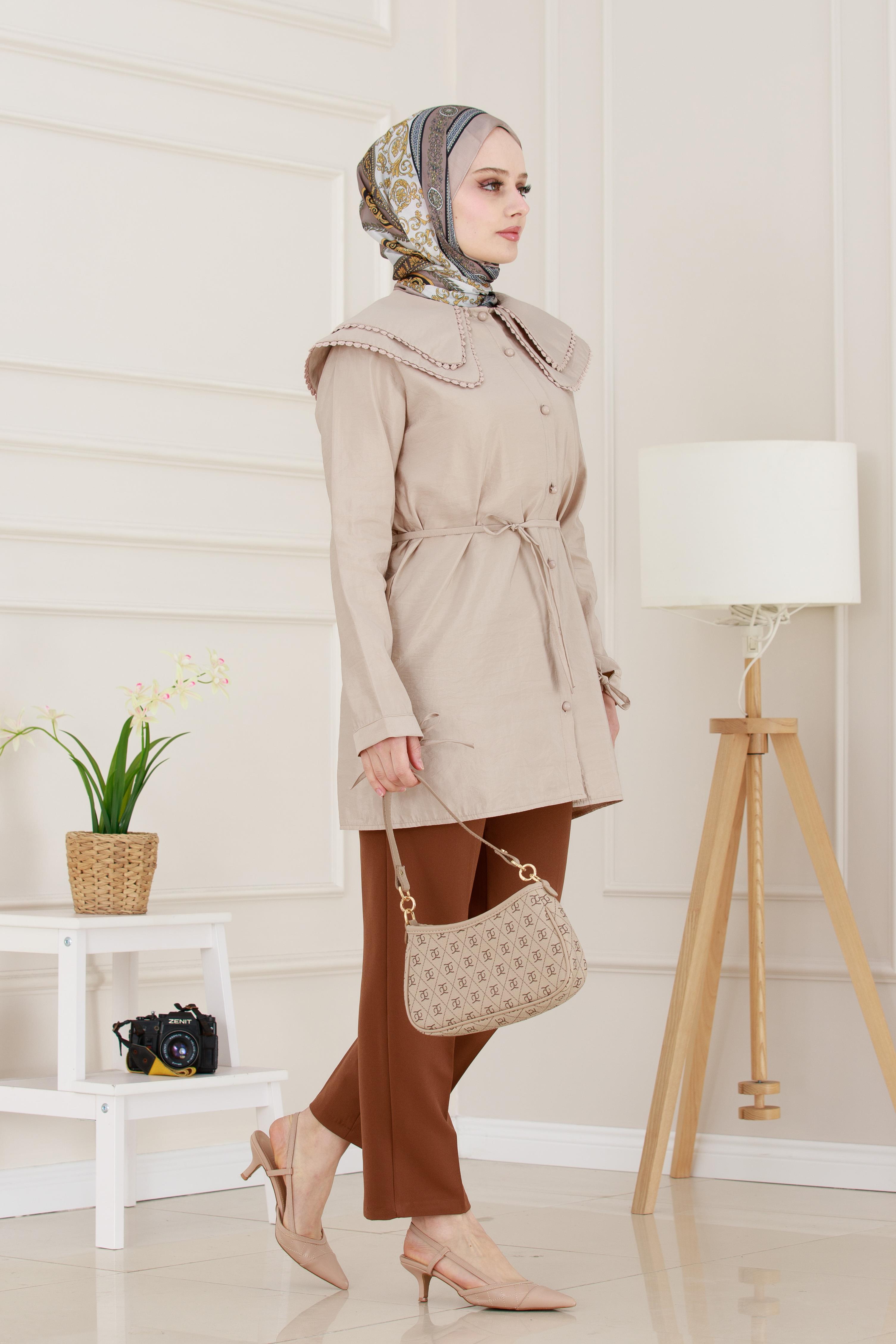 Çift Yaka Dantelli Tunik-VİZON