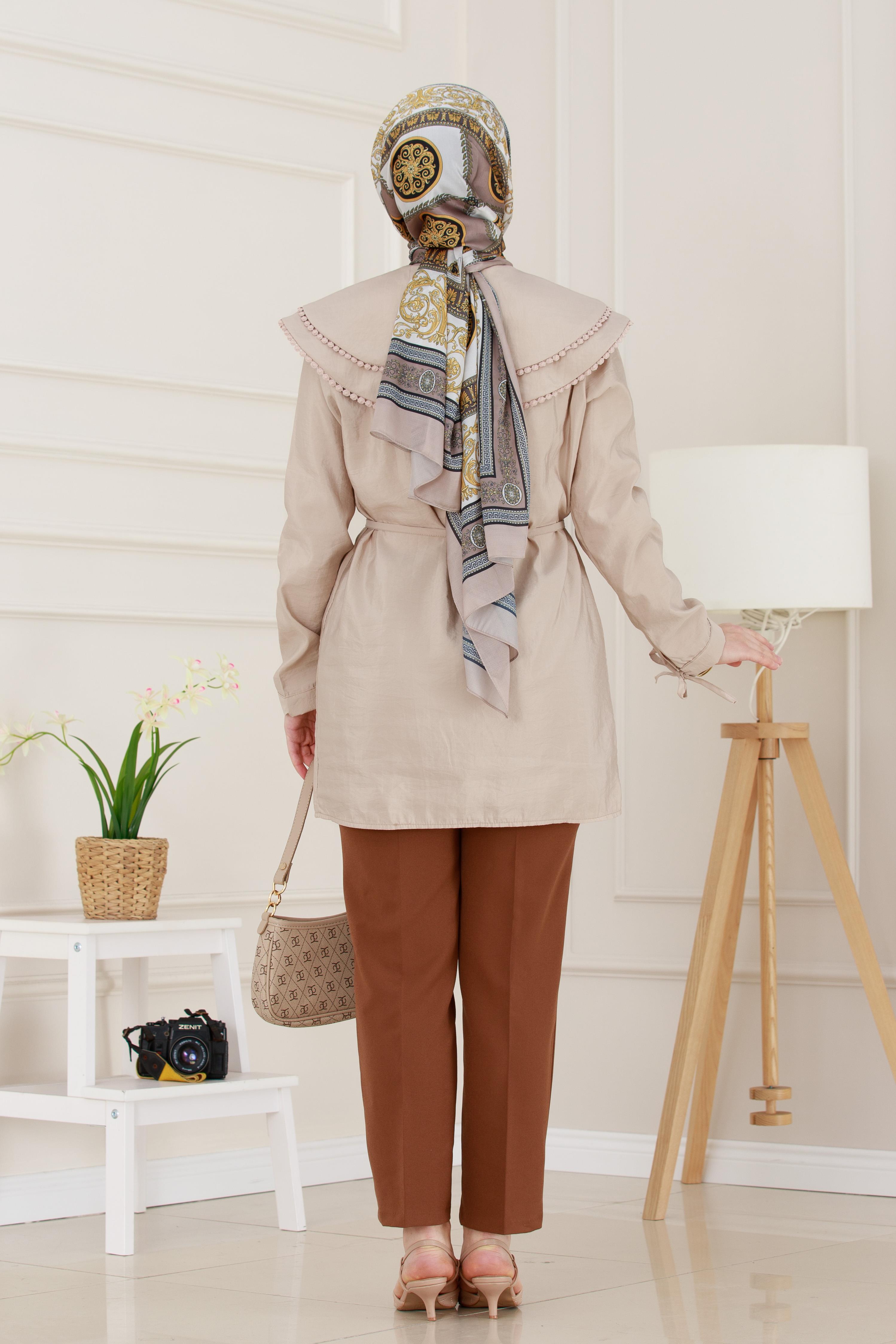 Çift Yaka Dantelli Tunik-VİZON