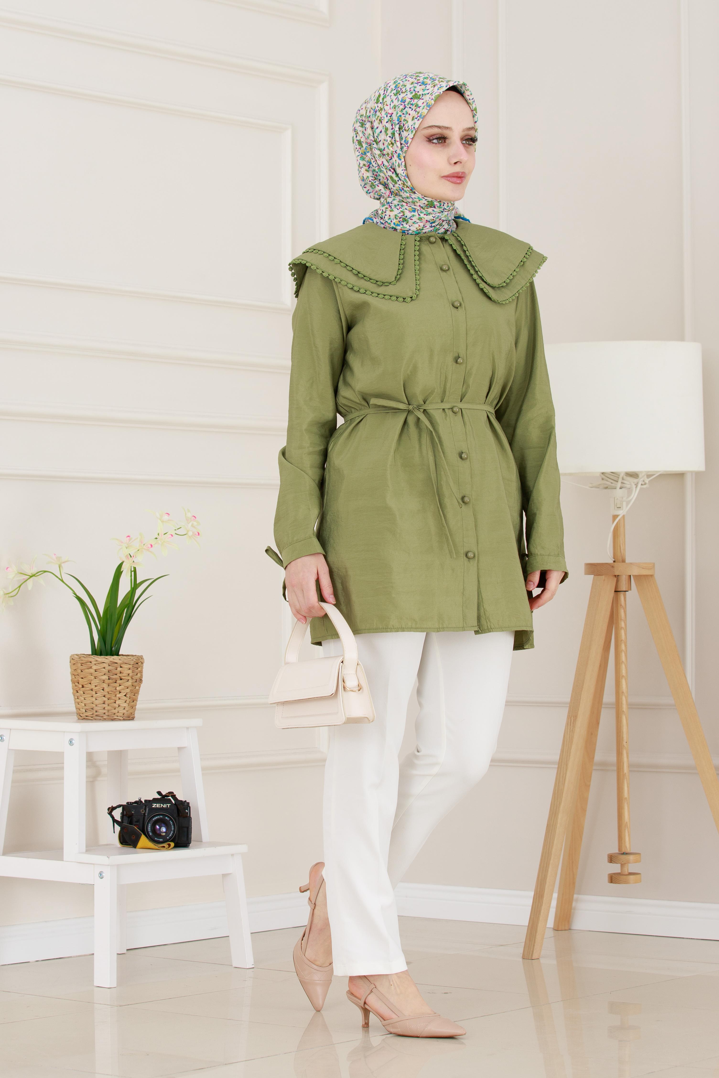 Çift Yaka Dantelli Tunik-Yeşil