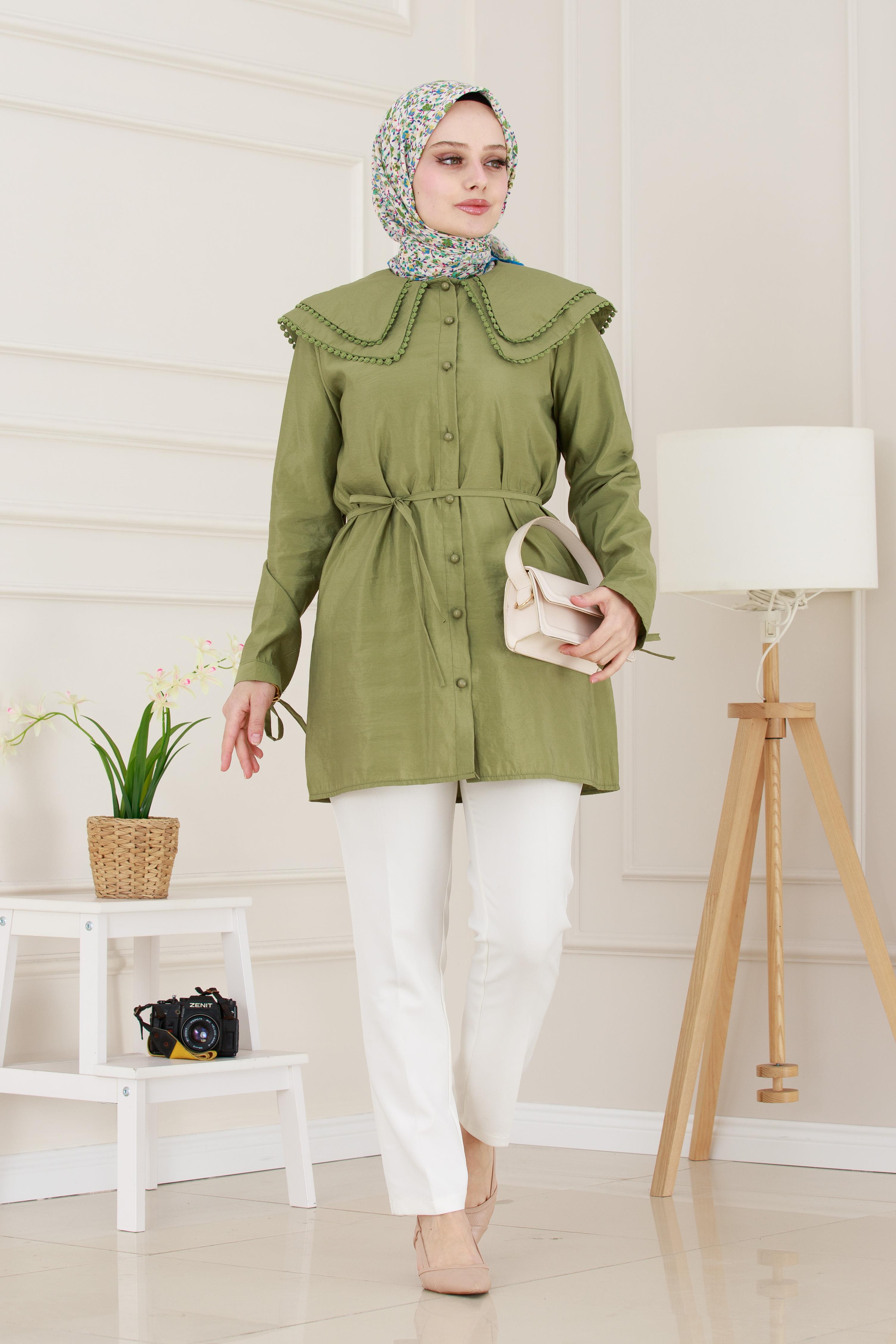 Çift Yaka Dantelli Tunik-Yeşil