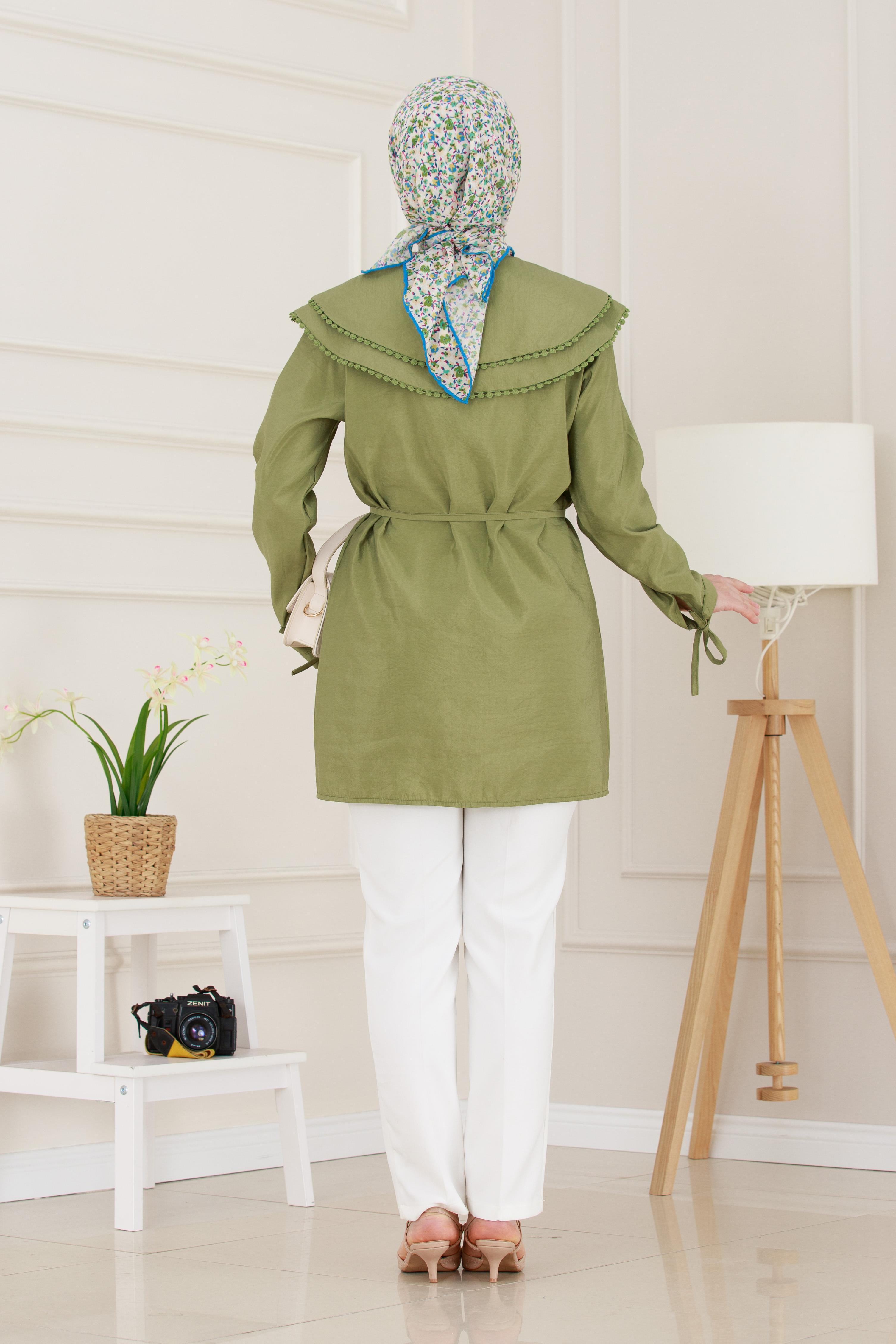 Çift Yaka Dantelli Tunik-Yeşil