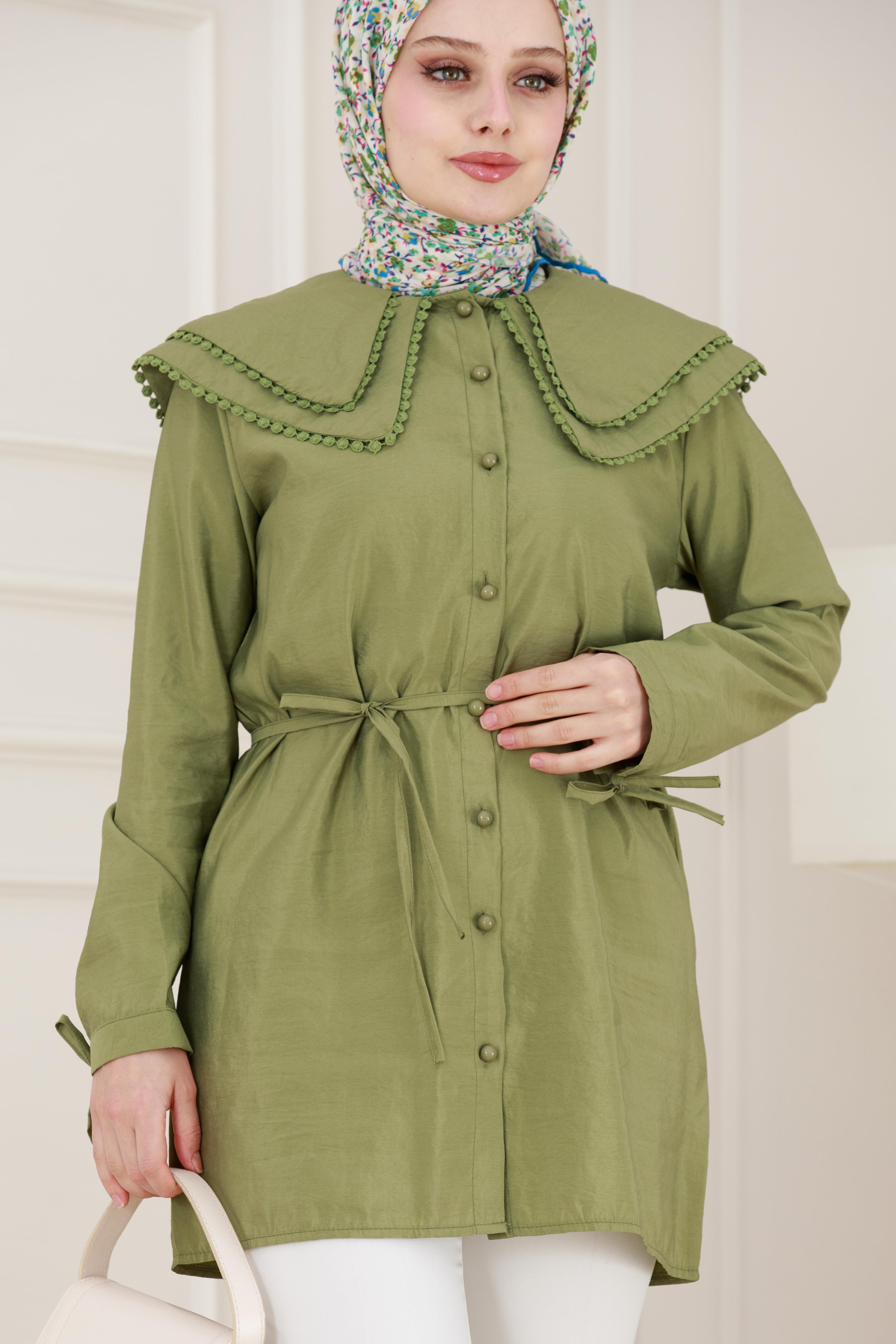 Çift Yaka Dantelli Tunik-Yeşil