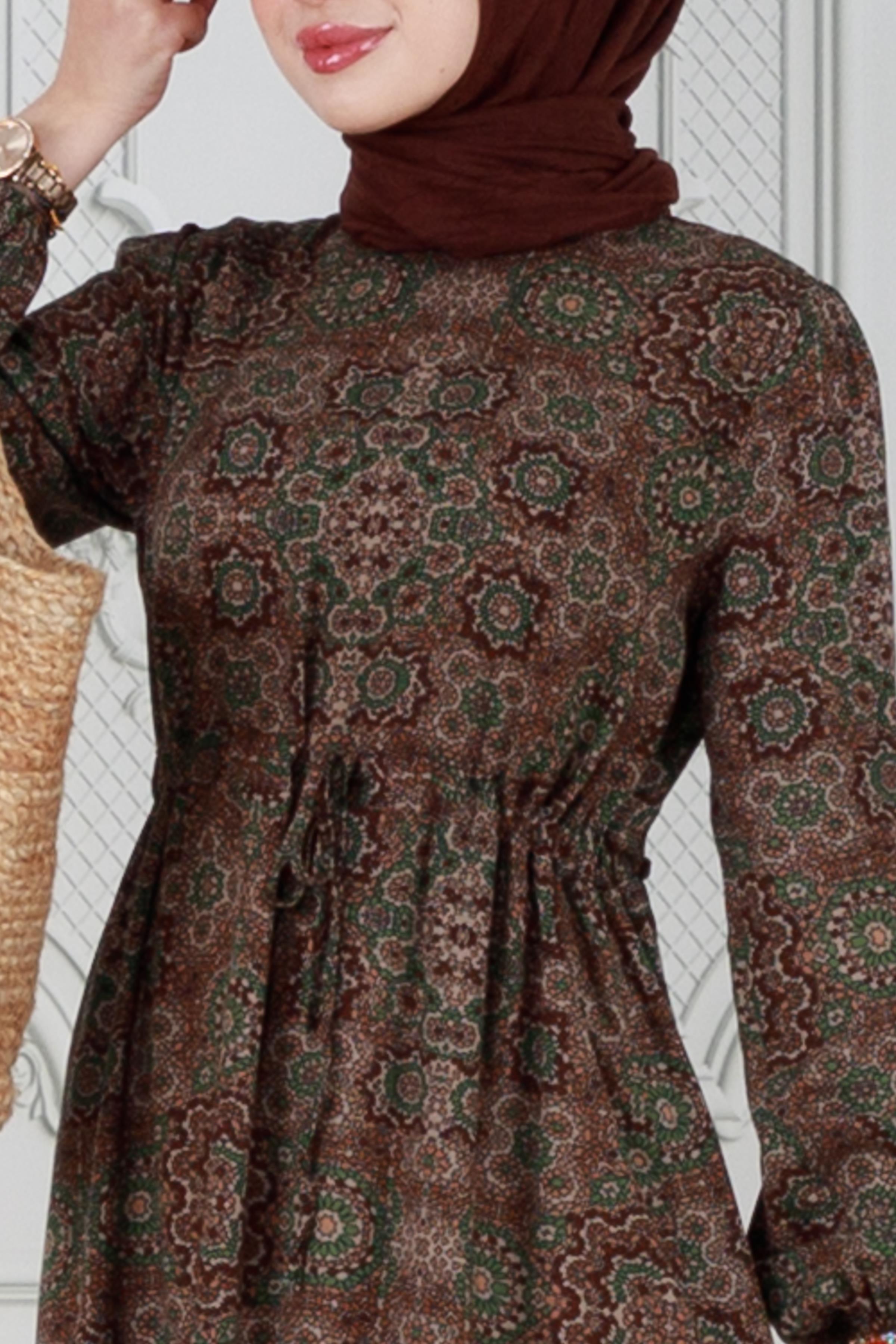 Tile Pattern Viscose Dress - Khaki color
