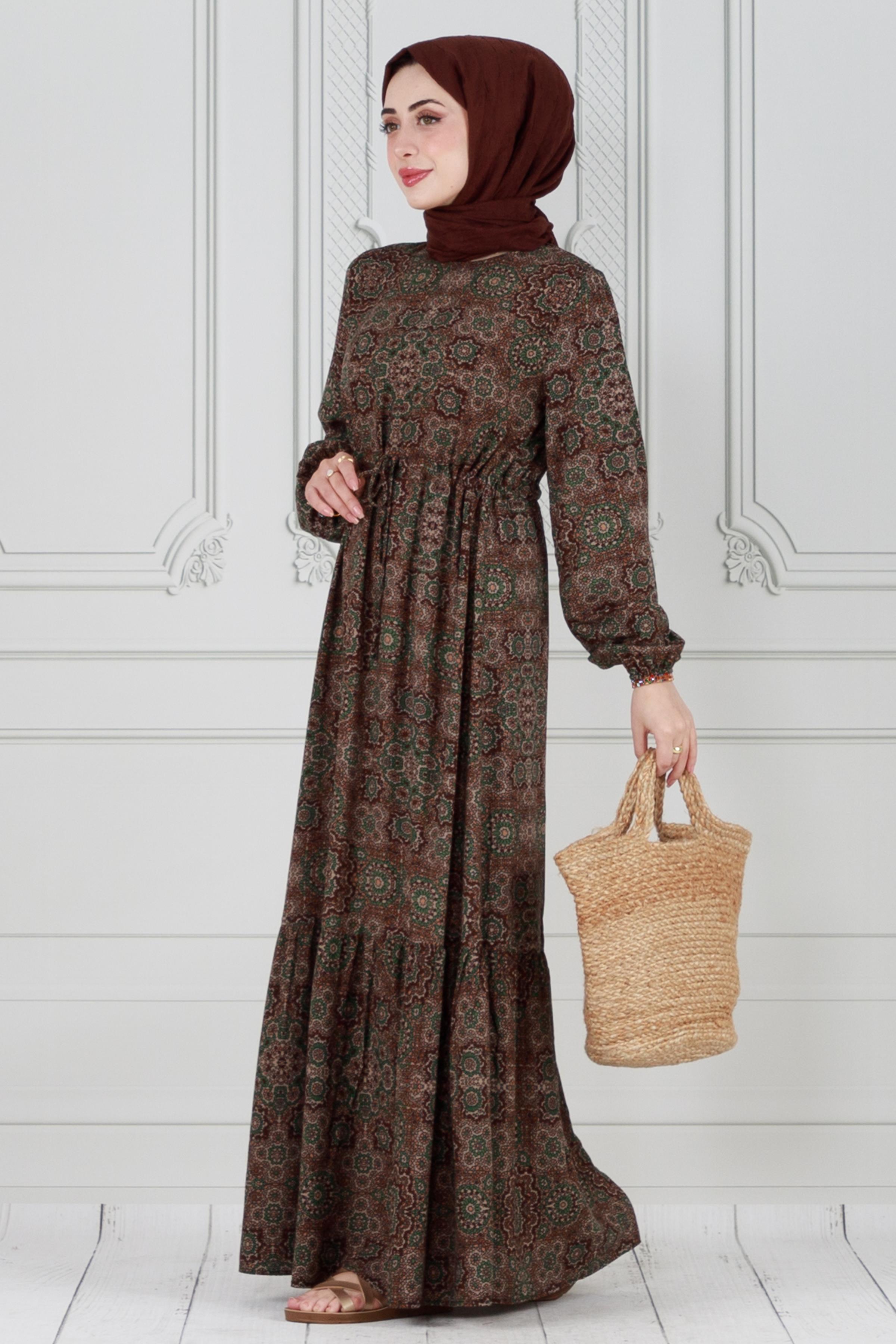 Tile Pattern Viscose Dress - Khaki color