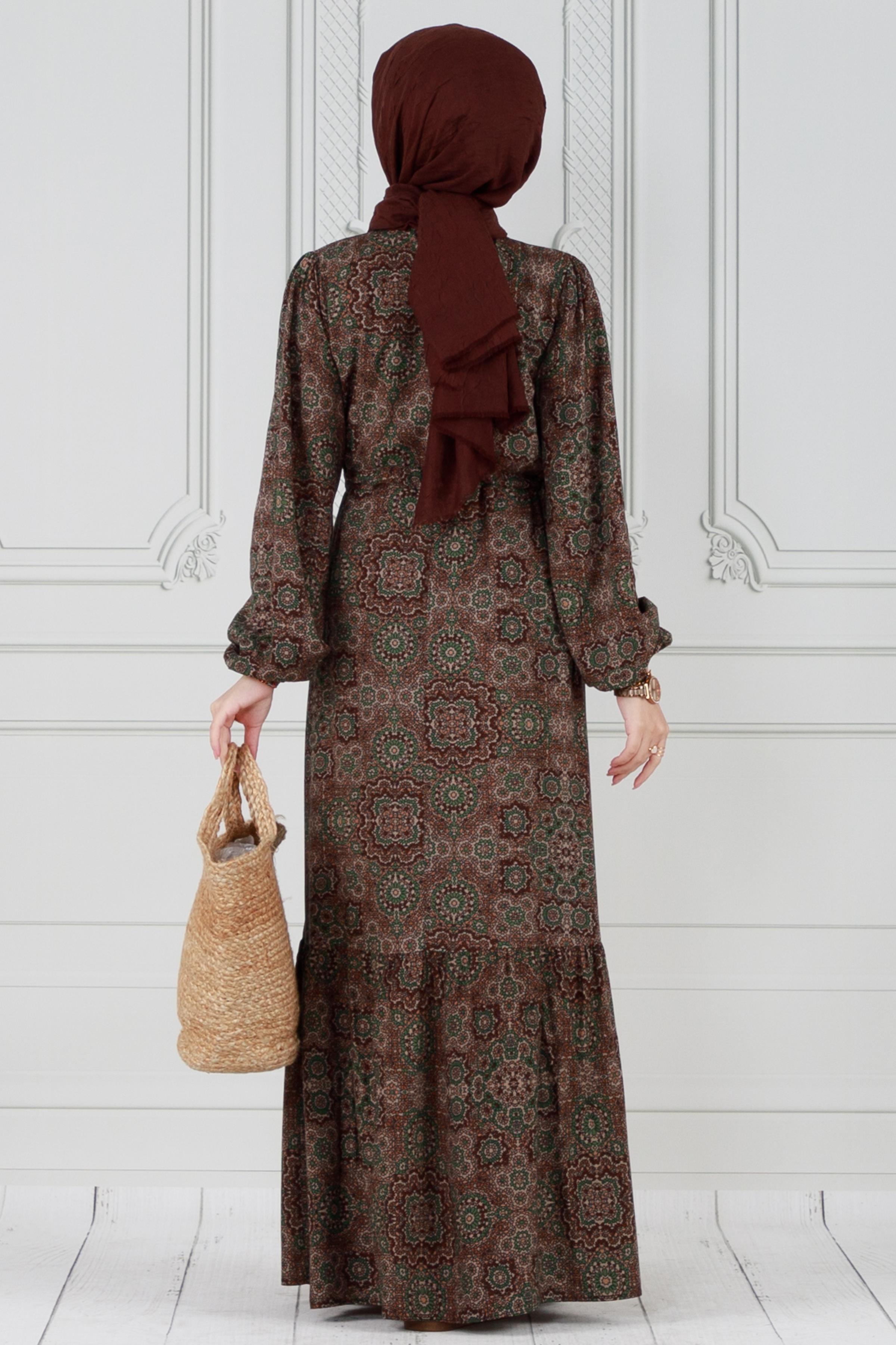 Tile Pattern Viscose Dress - Khaki color