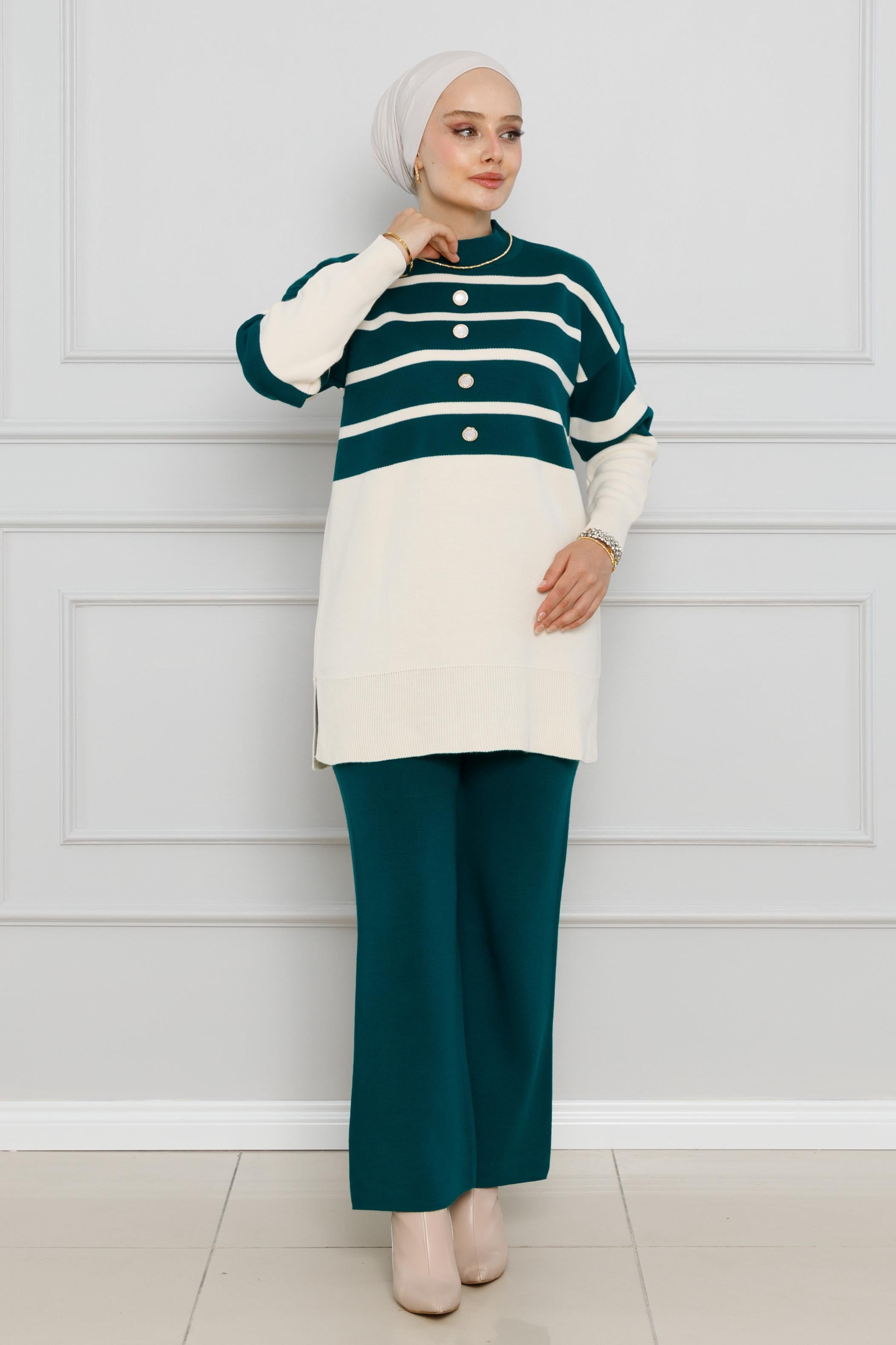 Striped Knitwear Suit-Petrol color
