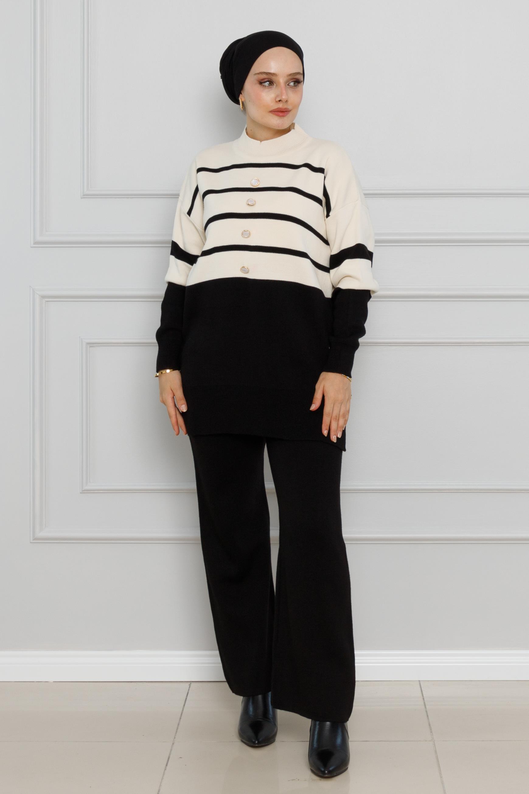 Striped Button Detailed Knitwear Suit-Black