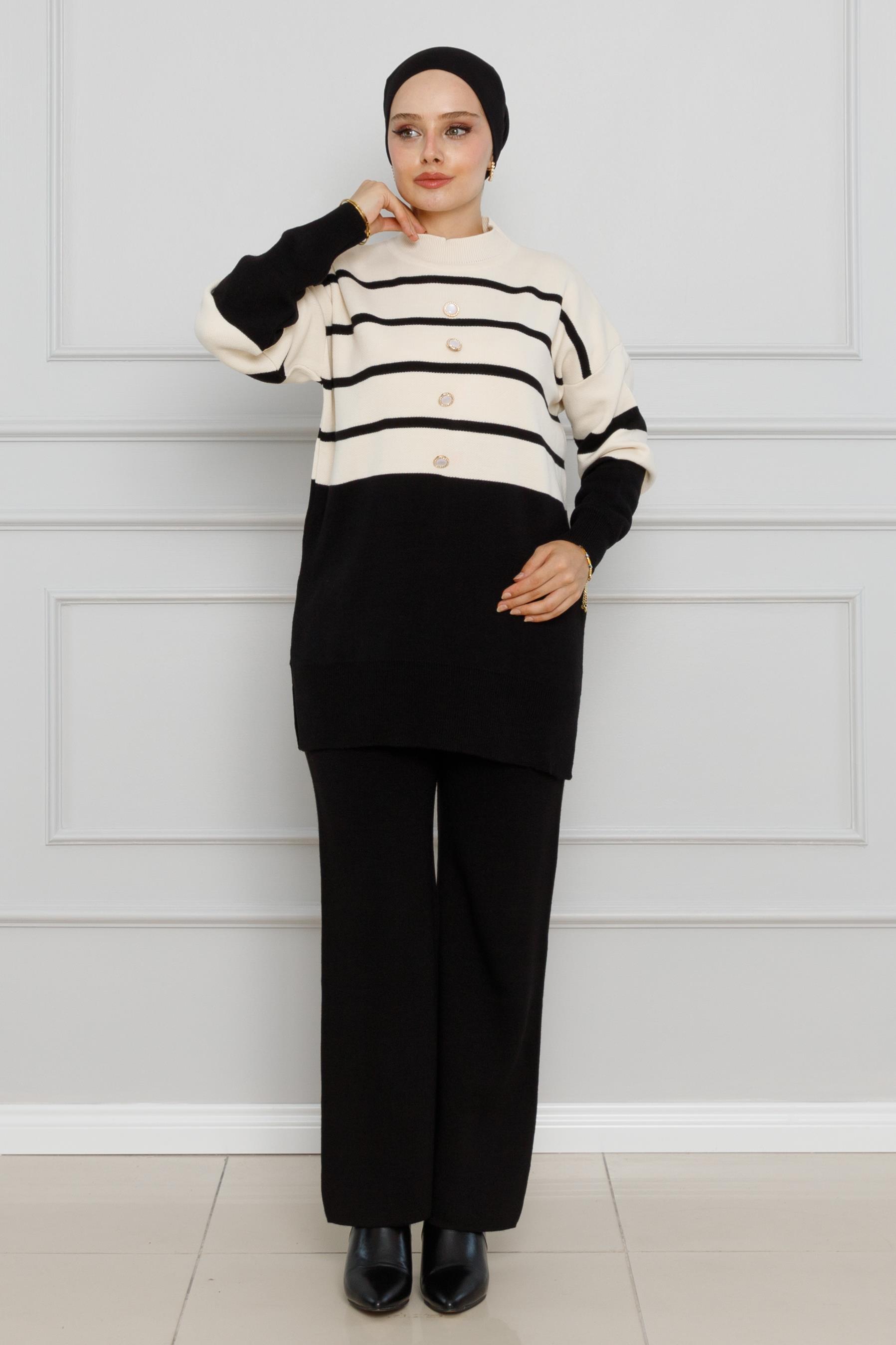 Striped Button Detailed Knitwear Suit-Black