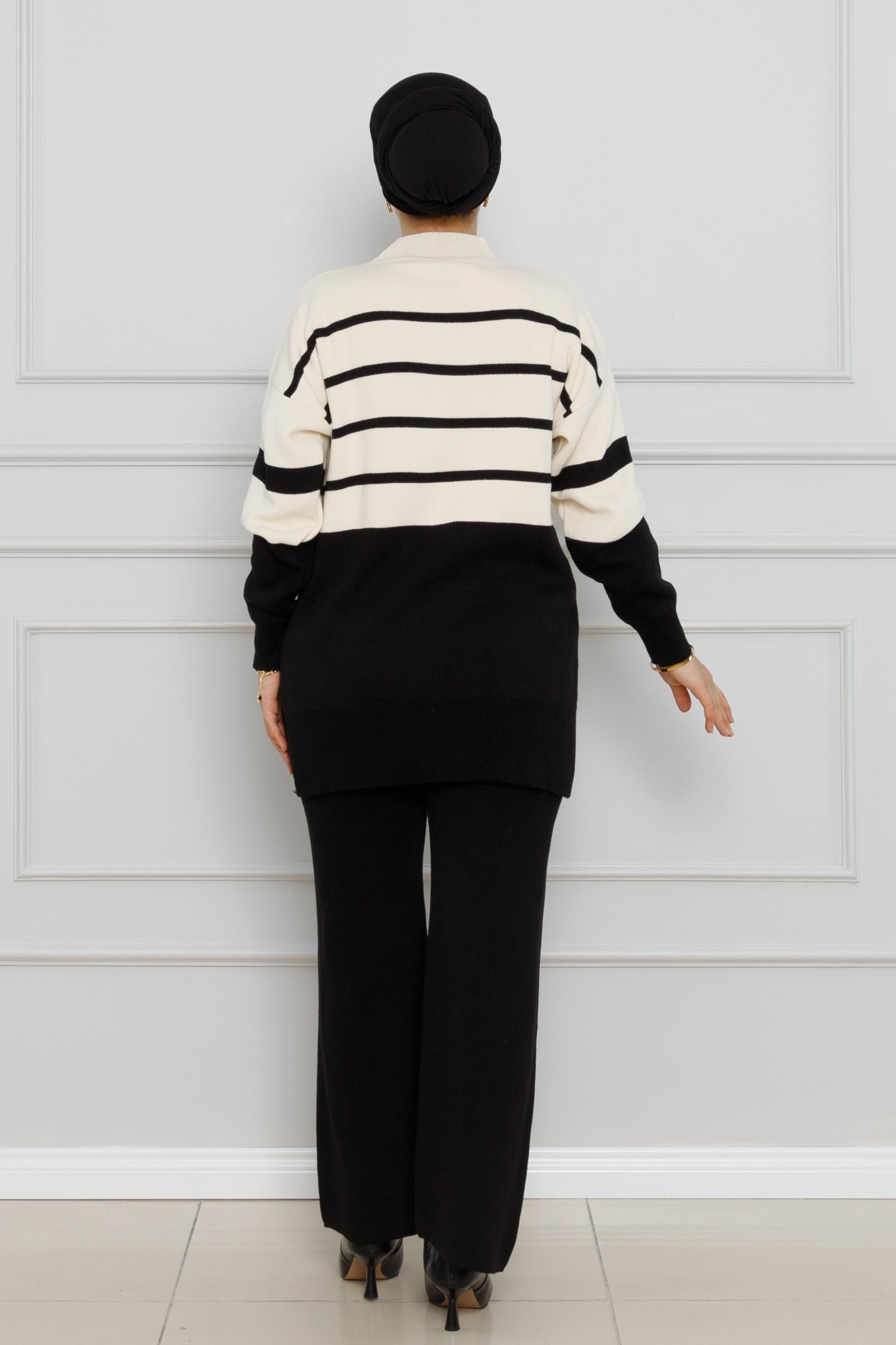 Striped Button Detailed Knitwear Suit-Black