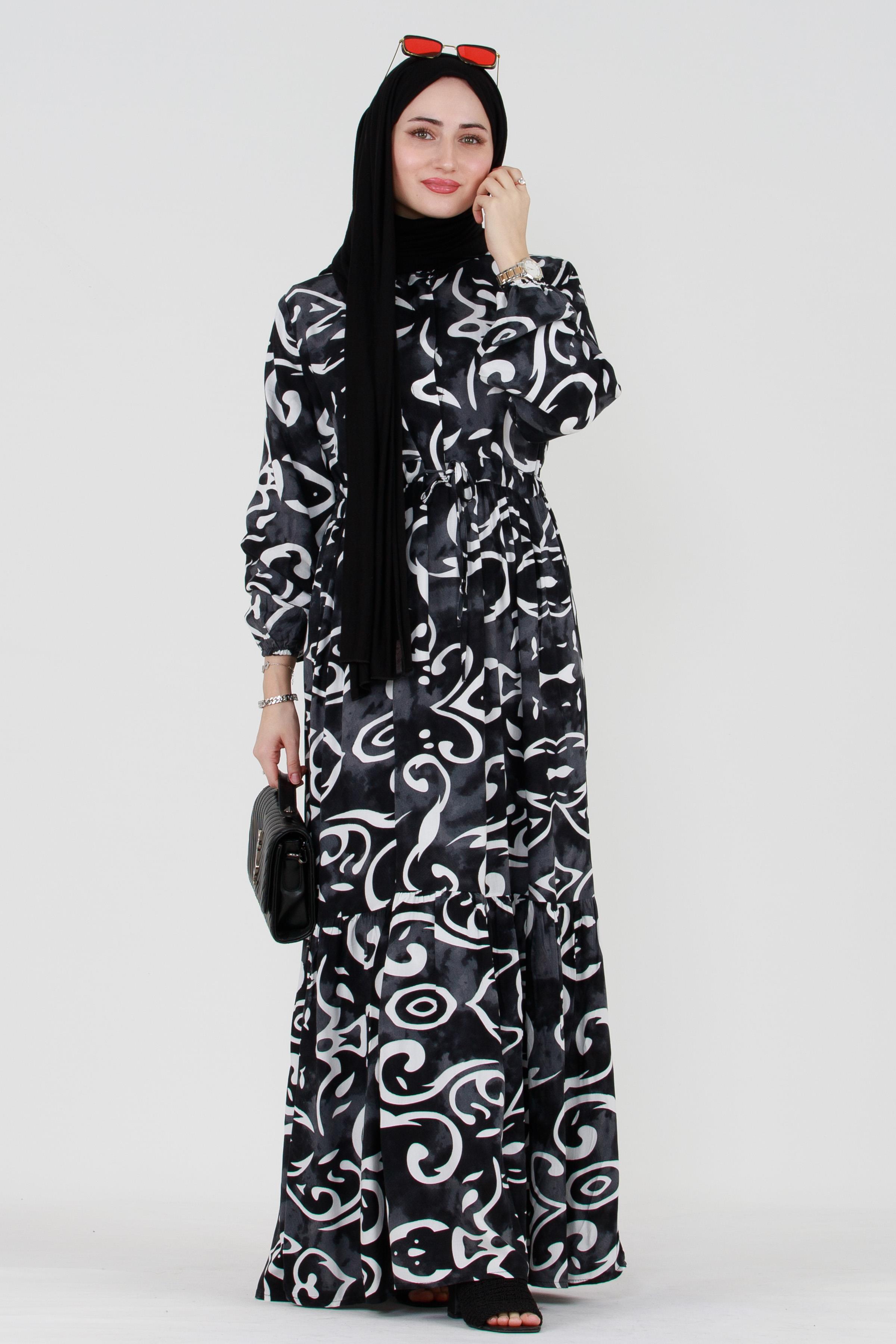 Wave Pattern Viscose Hijab Dress - Black
