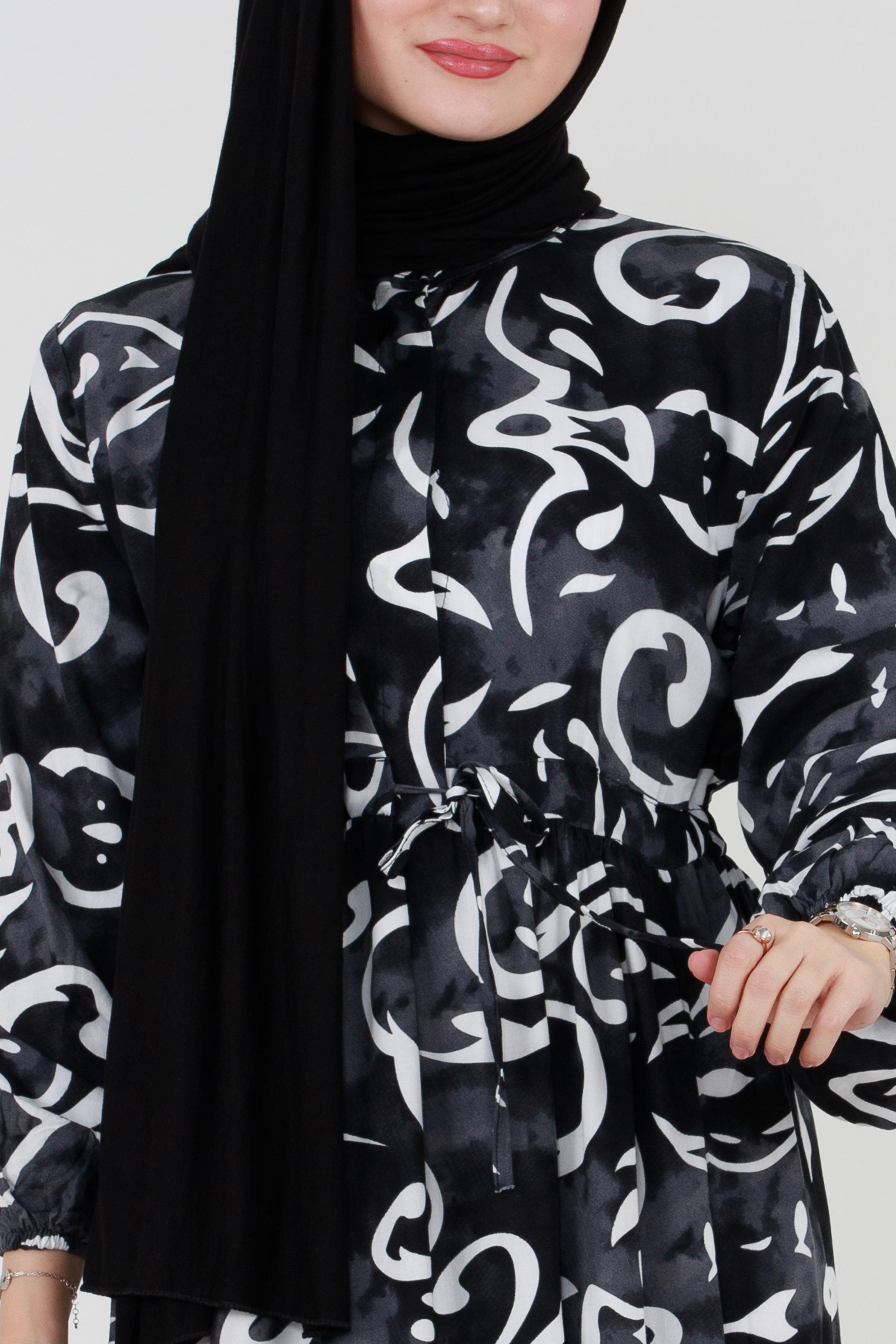 Wave Pattern Viscose Hijab Dress - Black