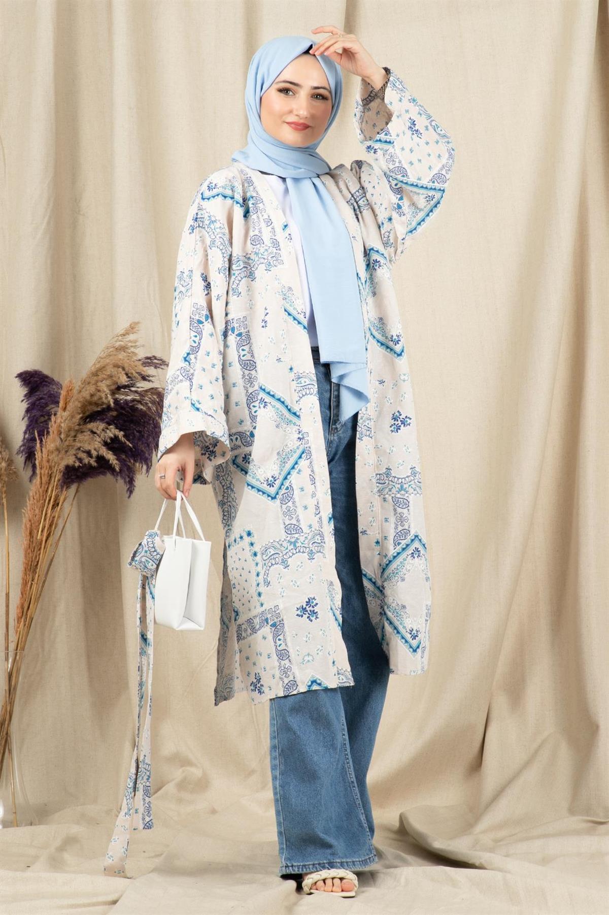 Drop Desing Linen Kimono-Blue