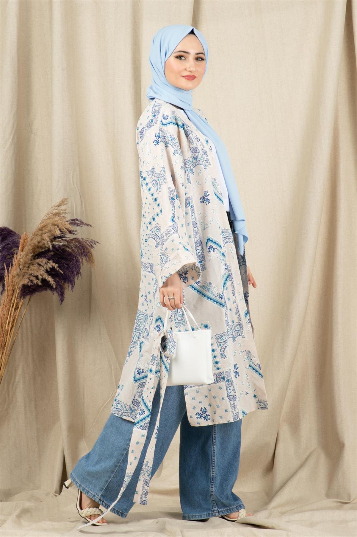 Drop Desing Linen Kimono-Blue