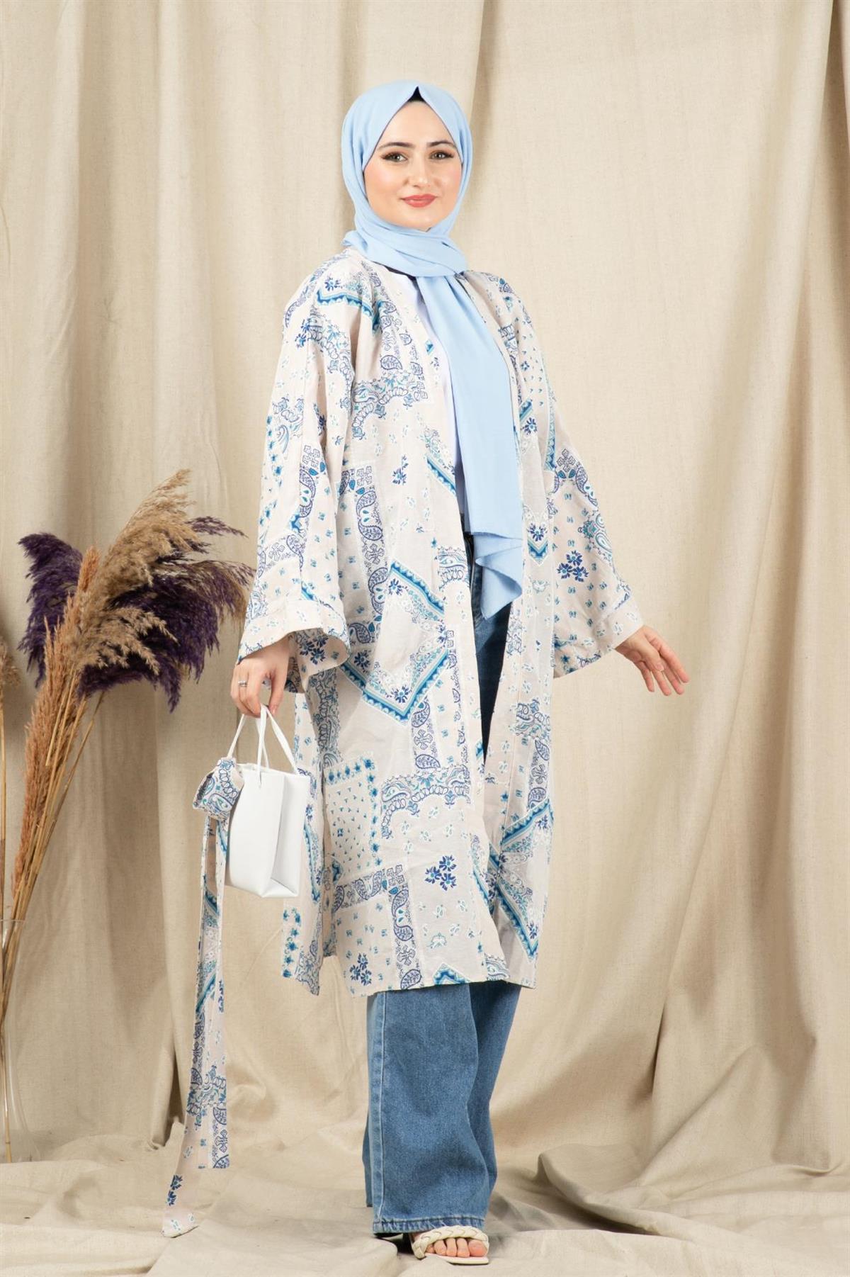 Drop Desing Linen Kimono-Blue