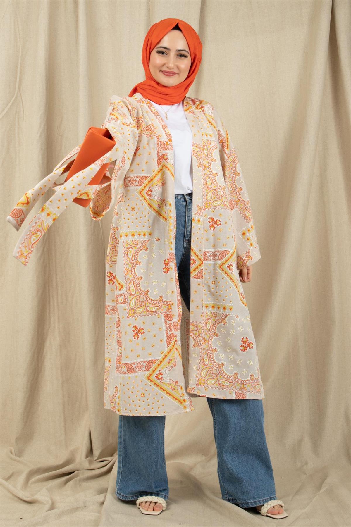 Drop Design Linen Kimono-Orange color 