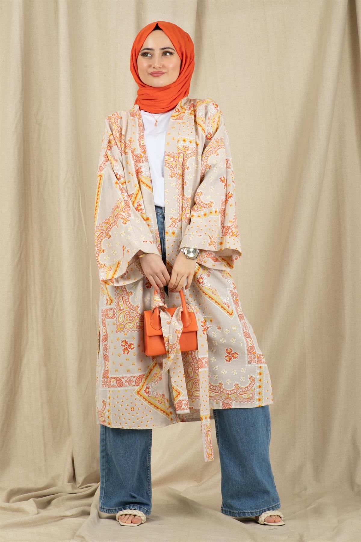 Drop Design Linen Kimono-Orange color 