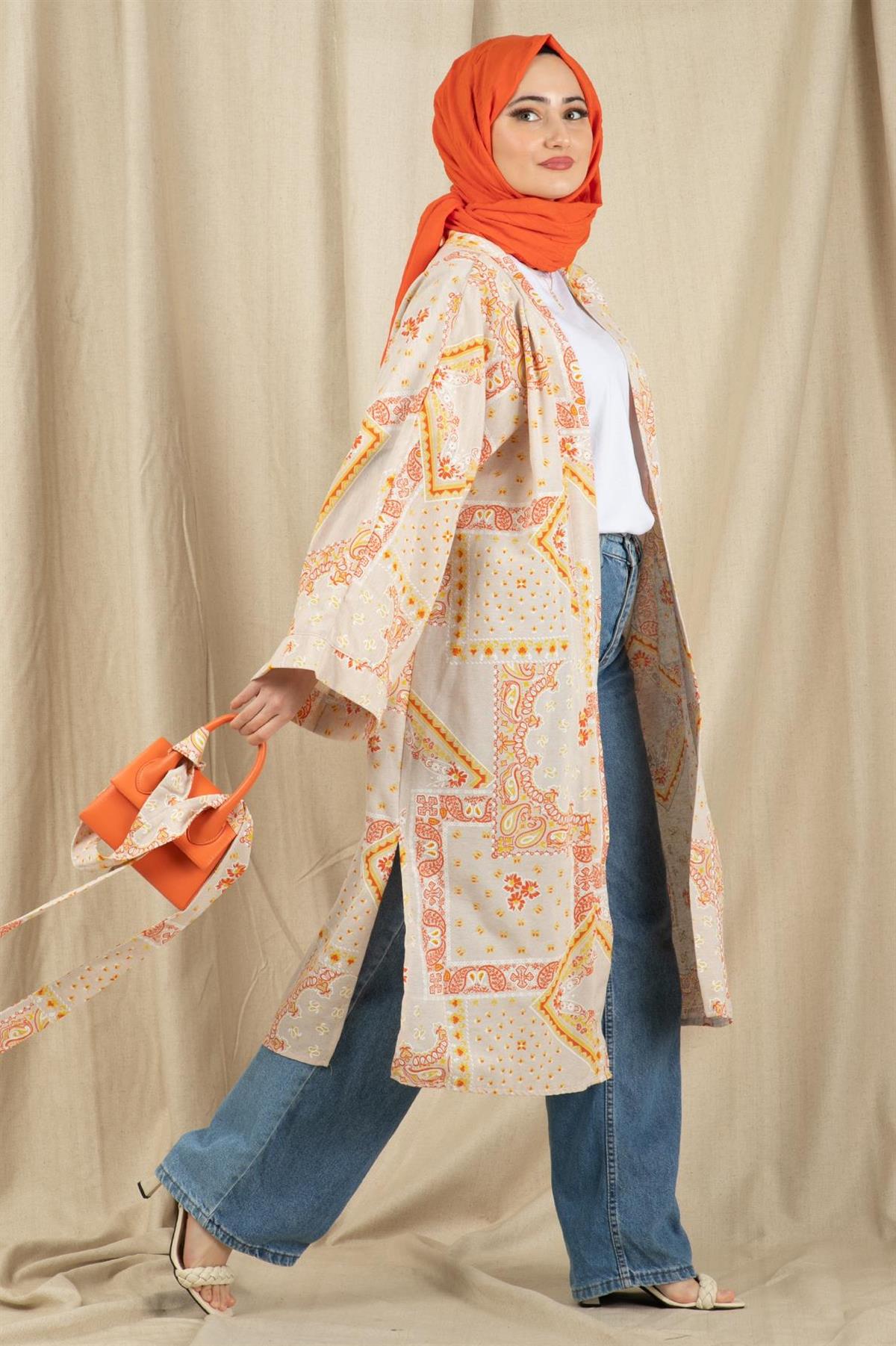 Drop Design Linen Kimono-Orange color 