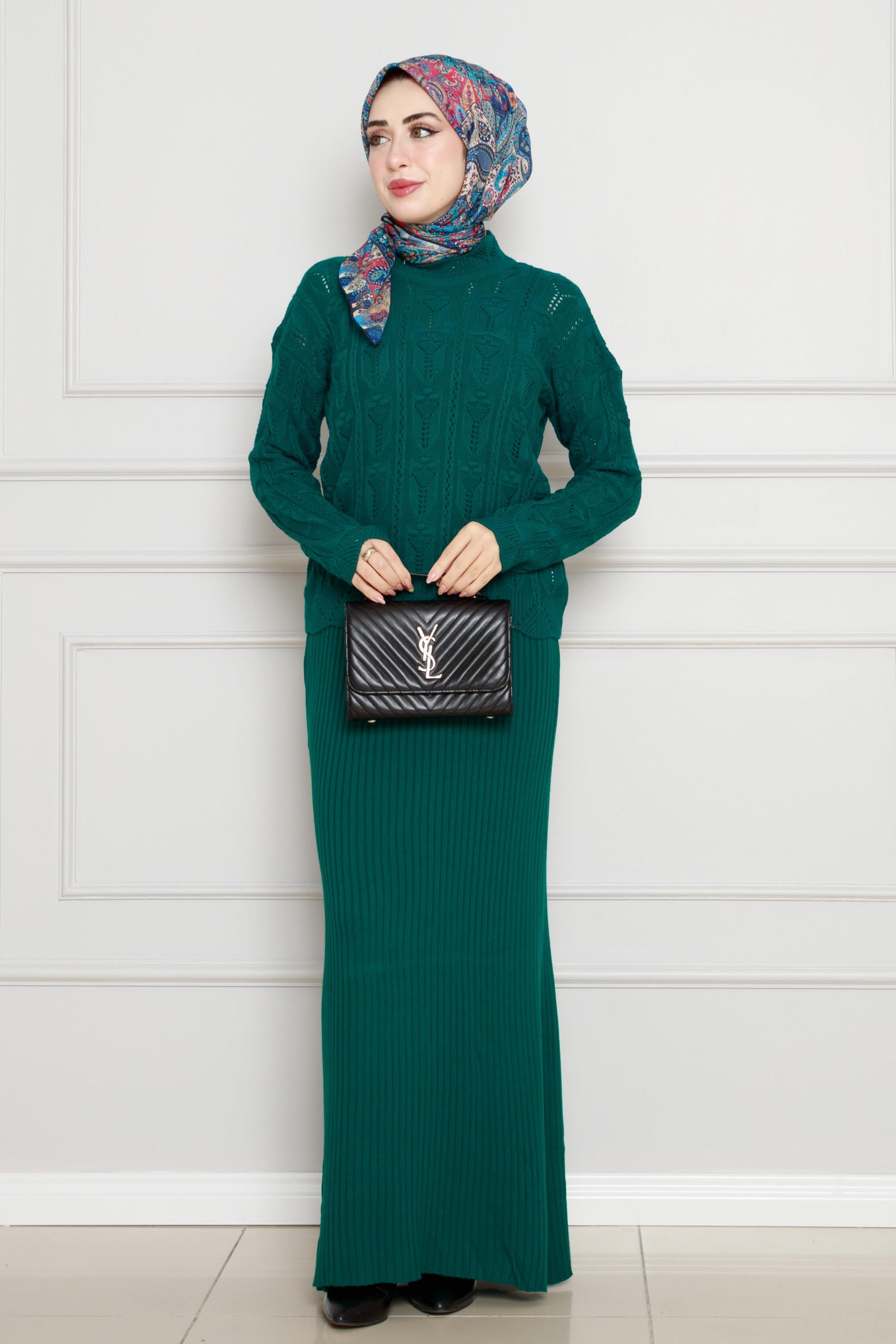 Embroidered Lace Skirt and sweater Knit Set- emerald green color