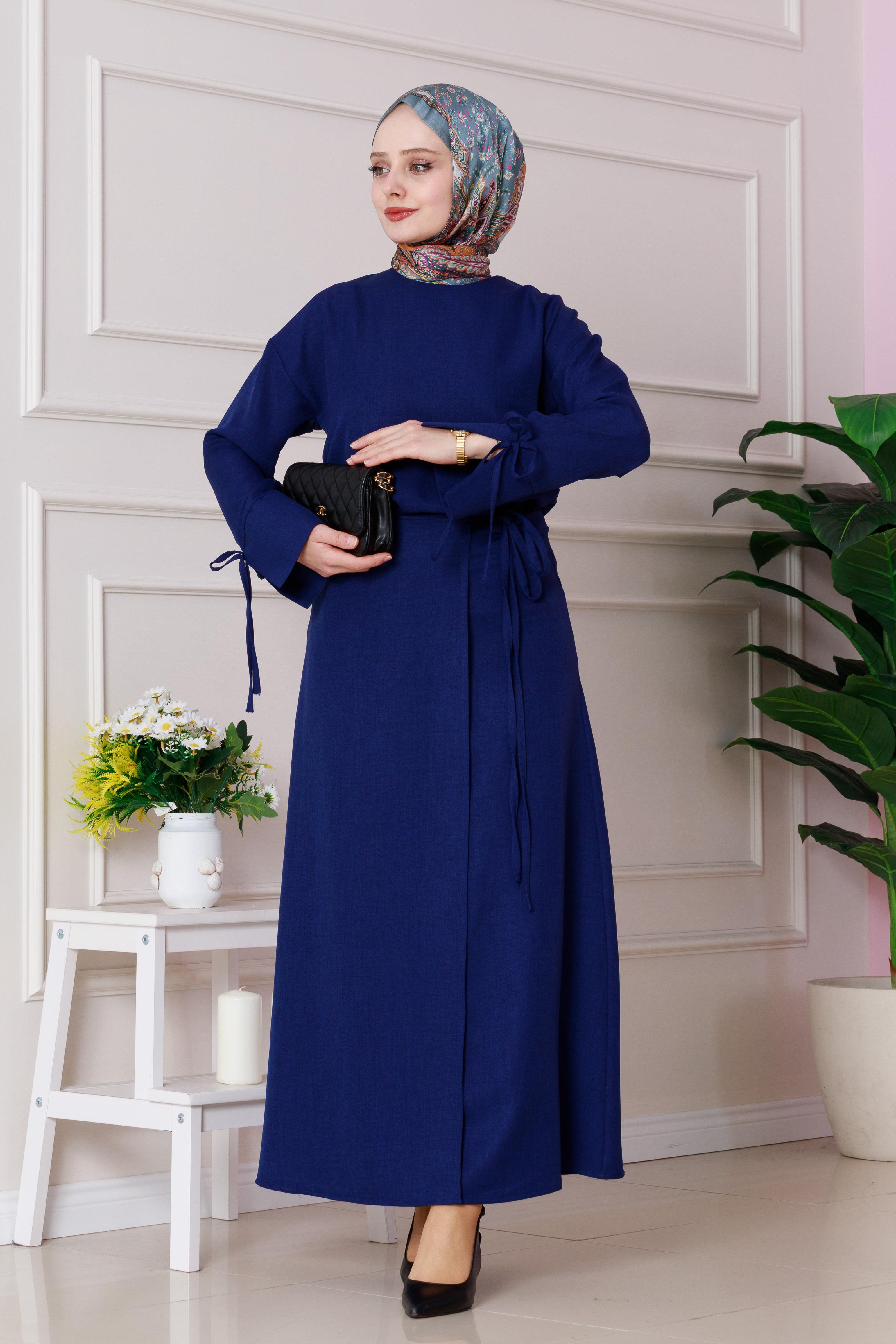 Linen Set with knots details-Blue navy color