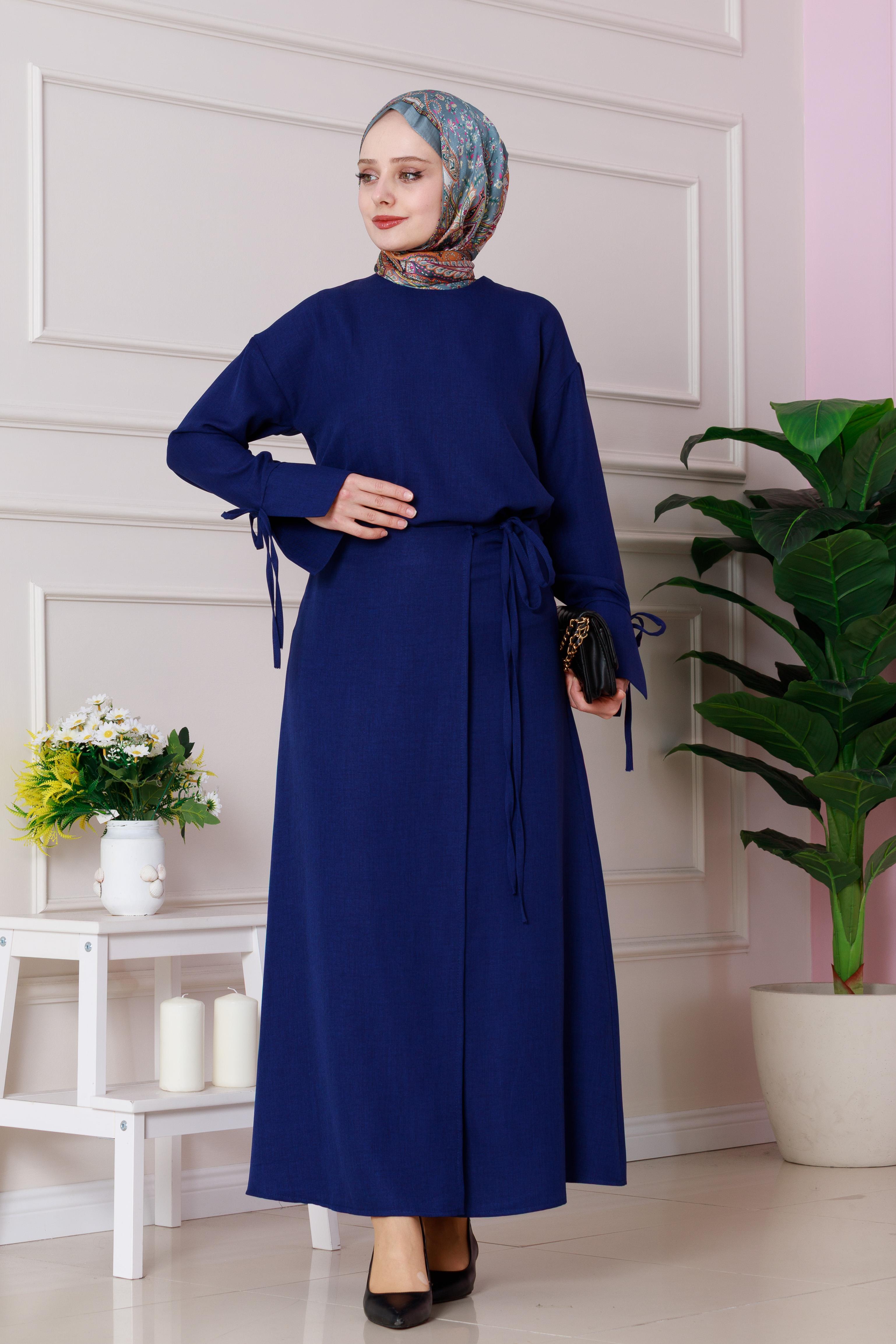 Linen Set with knots details-Blue navy color