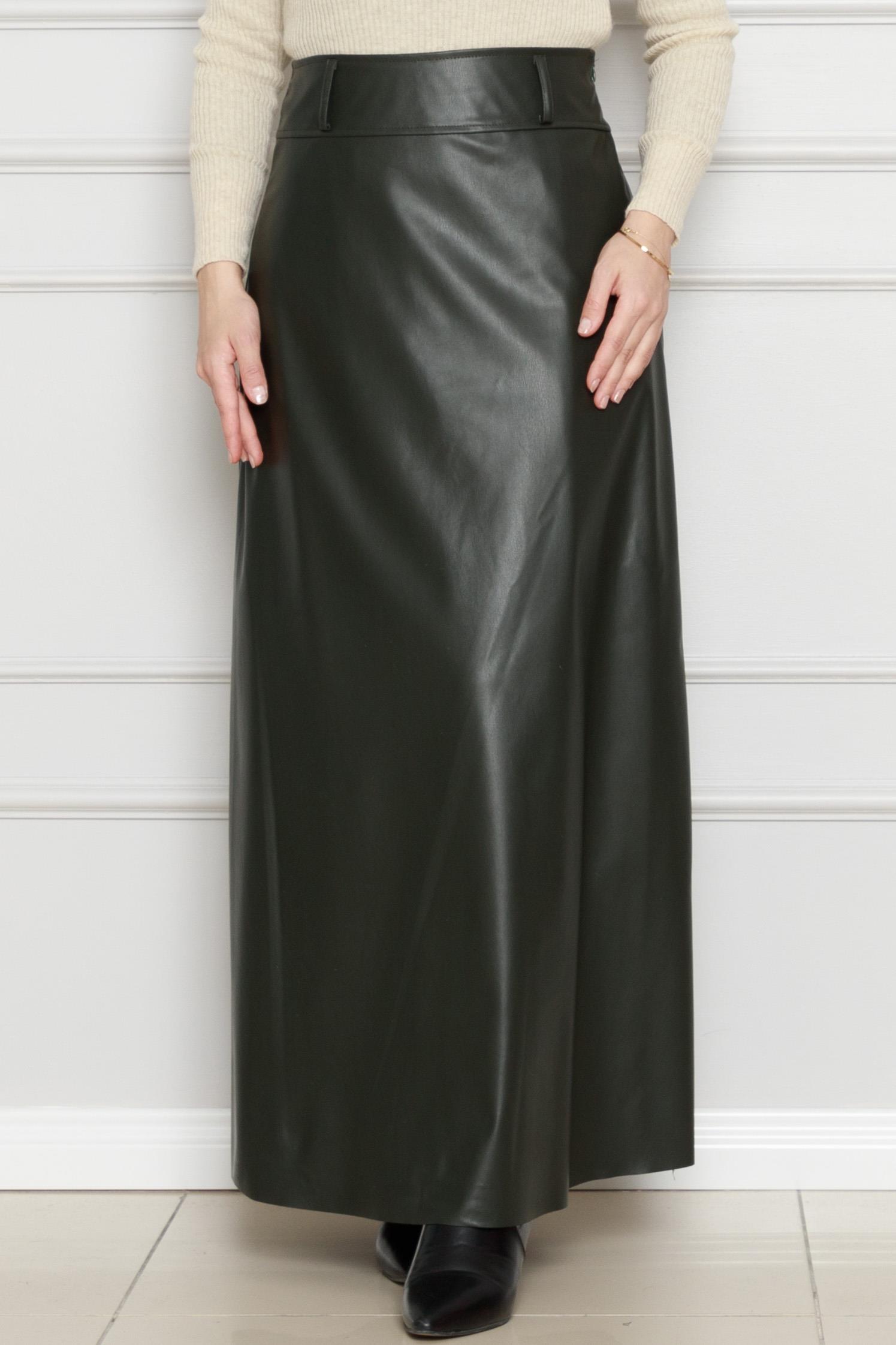 تنورة جلدية-كاكي اللون