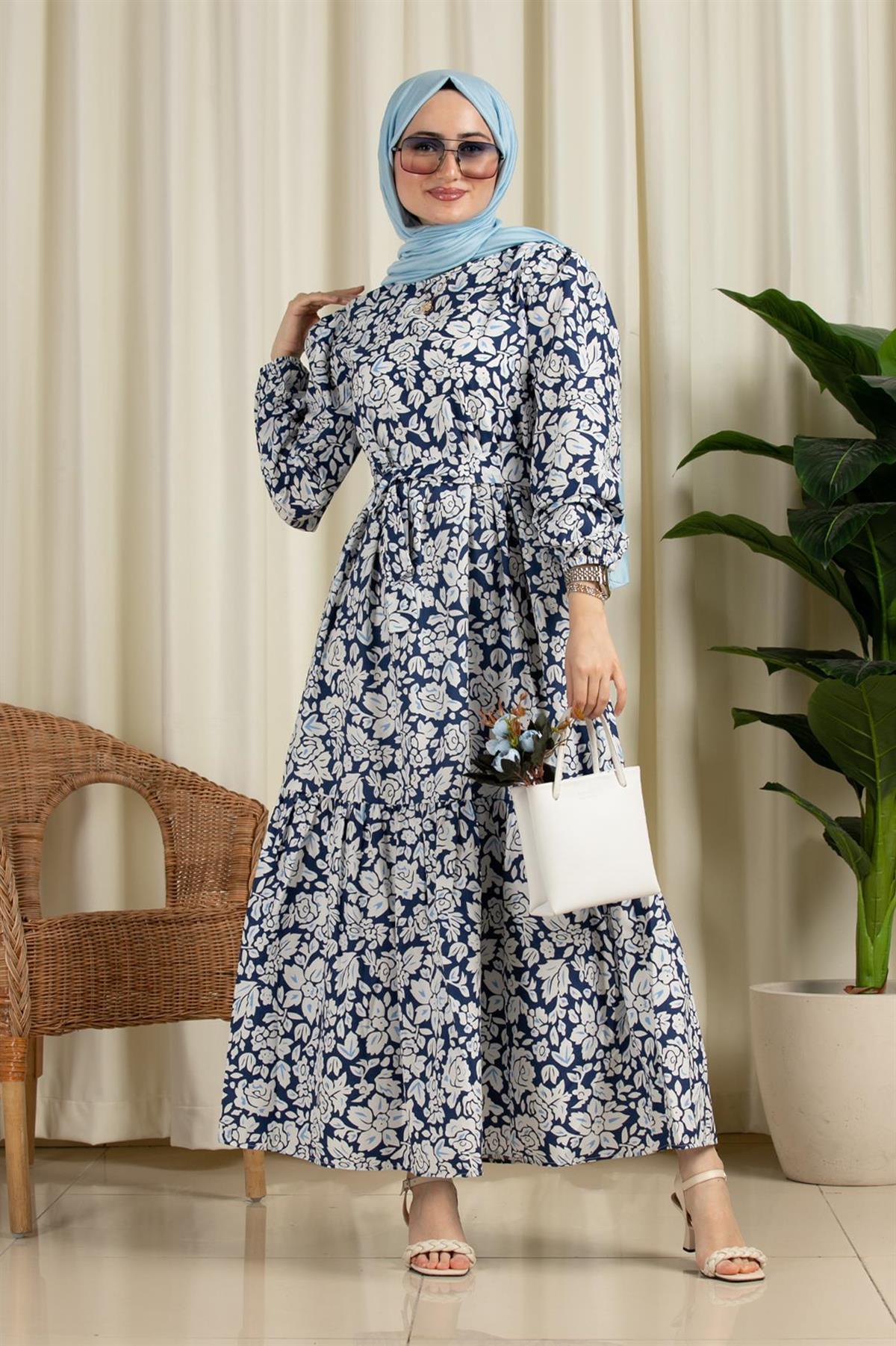 Mix Leaf Patterned Dress-Navy Blue
