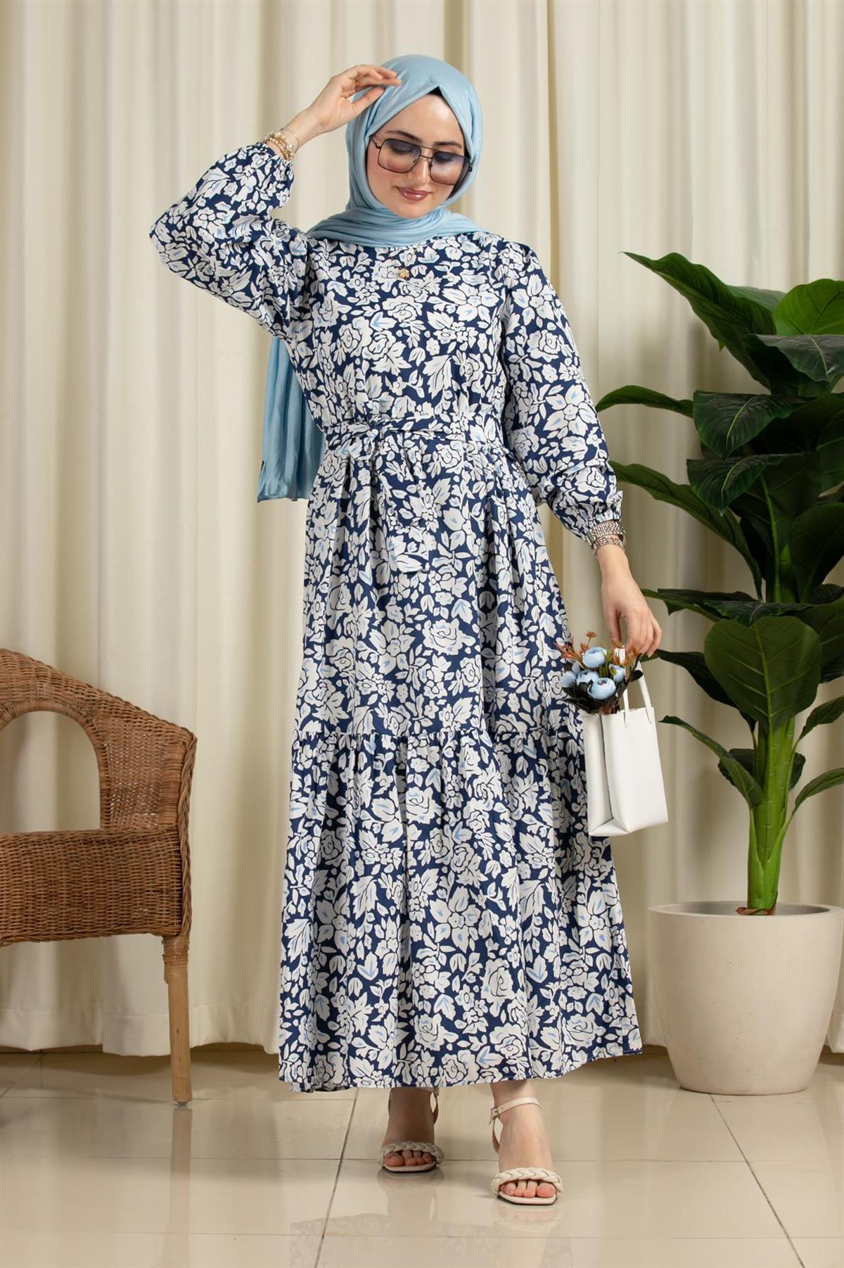 Mix Leaf Patterned Dress-Navy Blue