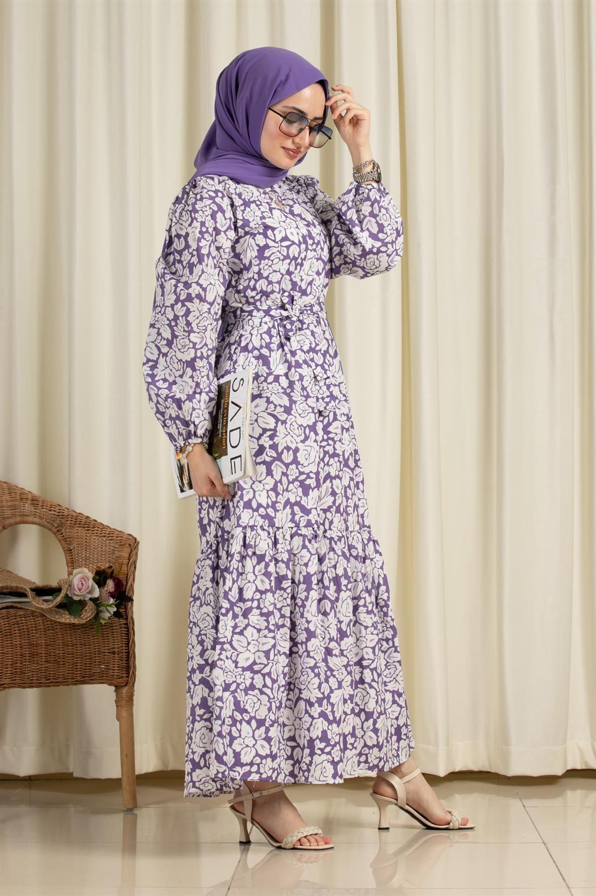 Mix Leaf Patterned Dress-Lilac