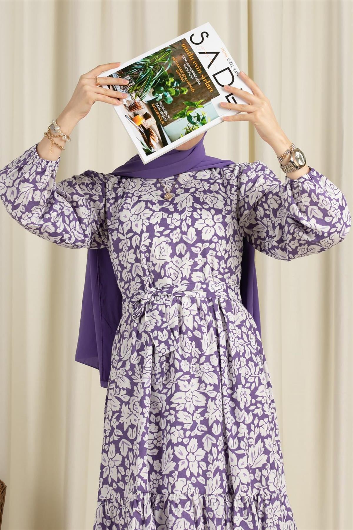 Mix Leaf Patterned Dress-Lilac