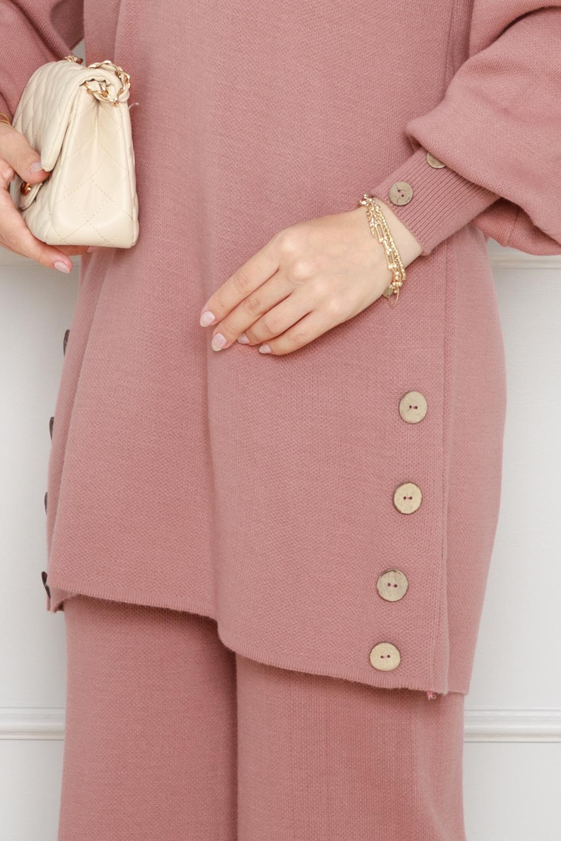 Balloon Sleeve Knitwear Set-dry rose color