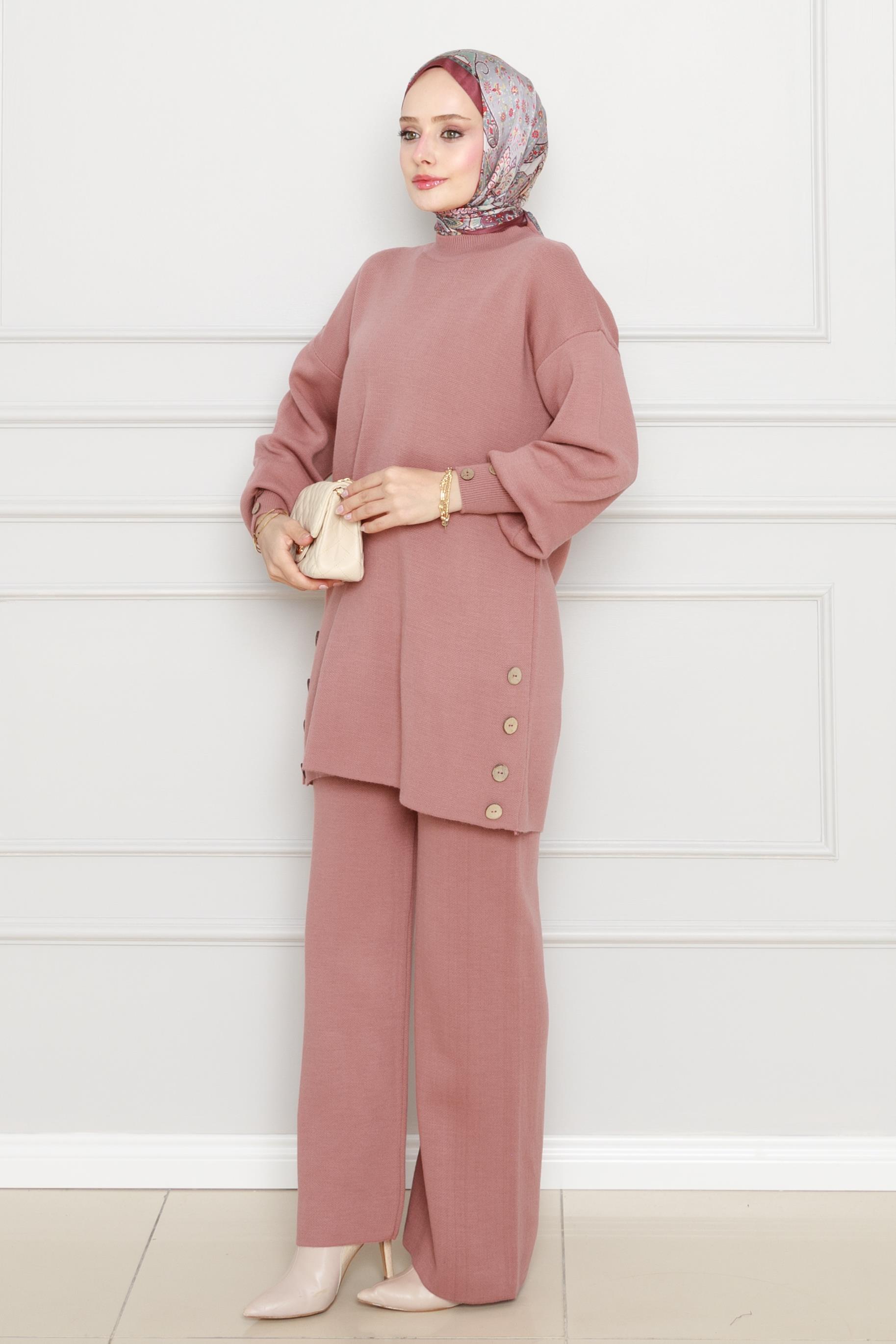 Balloon Sleeve Knitwear Set-dry rose color