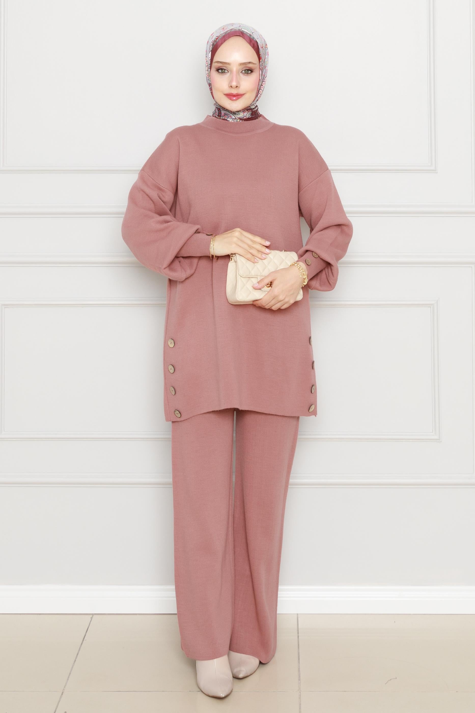 Balloon Sleeve Knitwear Set-dry rose color