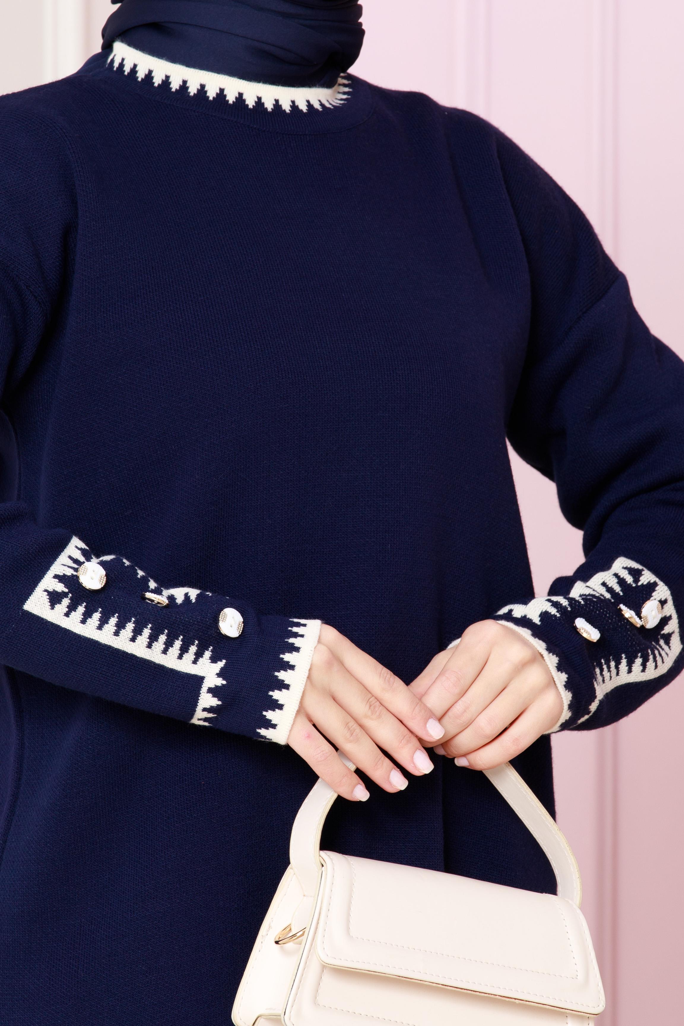 Button Detailed Knitwear Suit- dark blue color